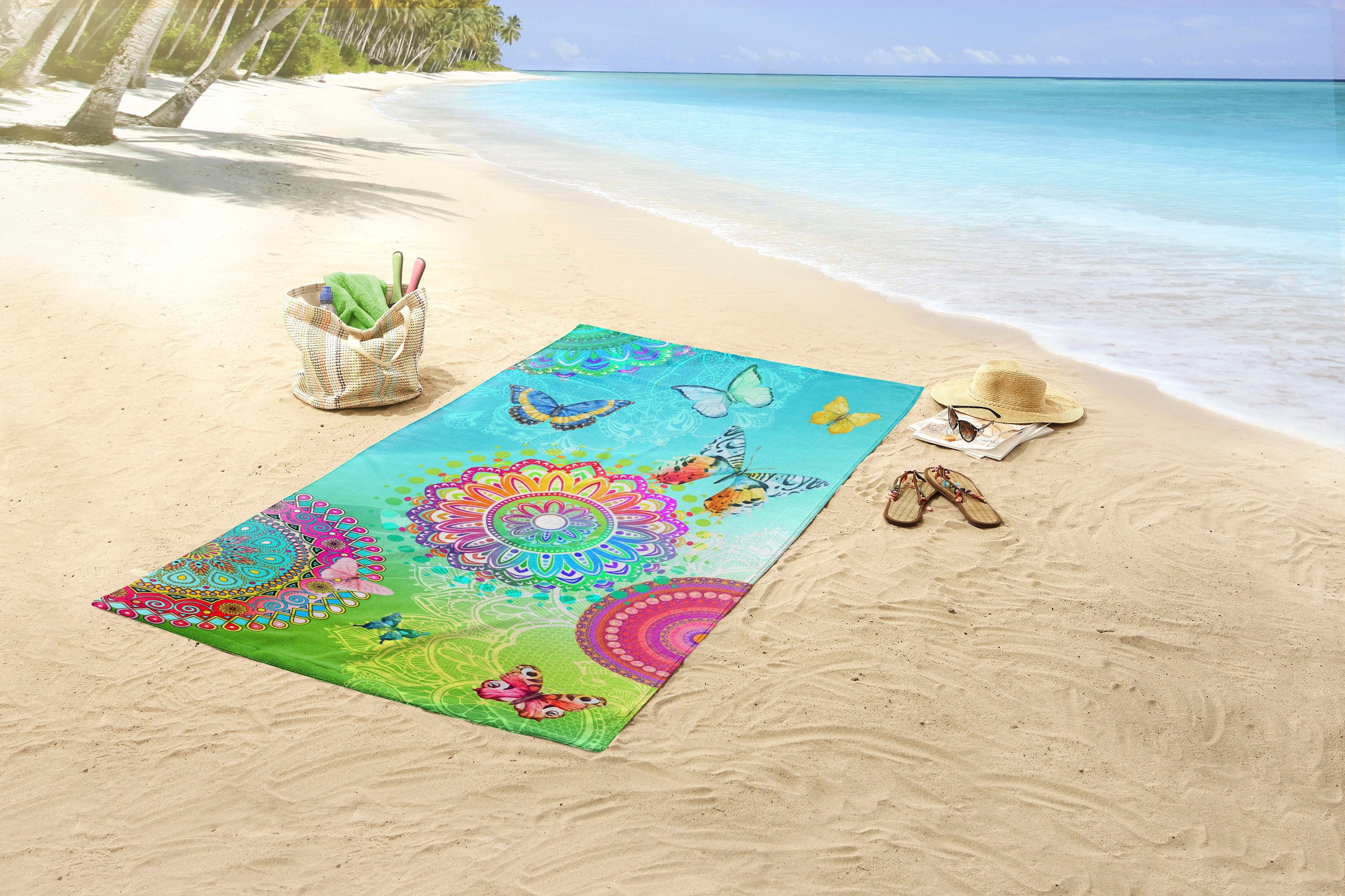 hip Strandtuch »Mystic«, (1 St., Strandtuch 100 x 180 cm), 100% Baumwolle, Velours, 100x180, Weich, Strand, Mandala, Blau, Bunt