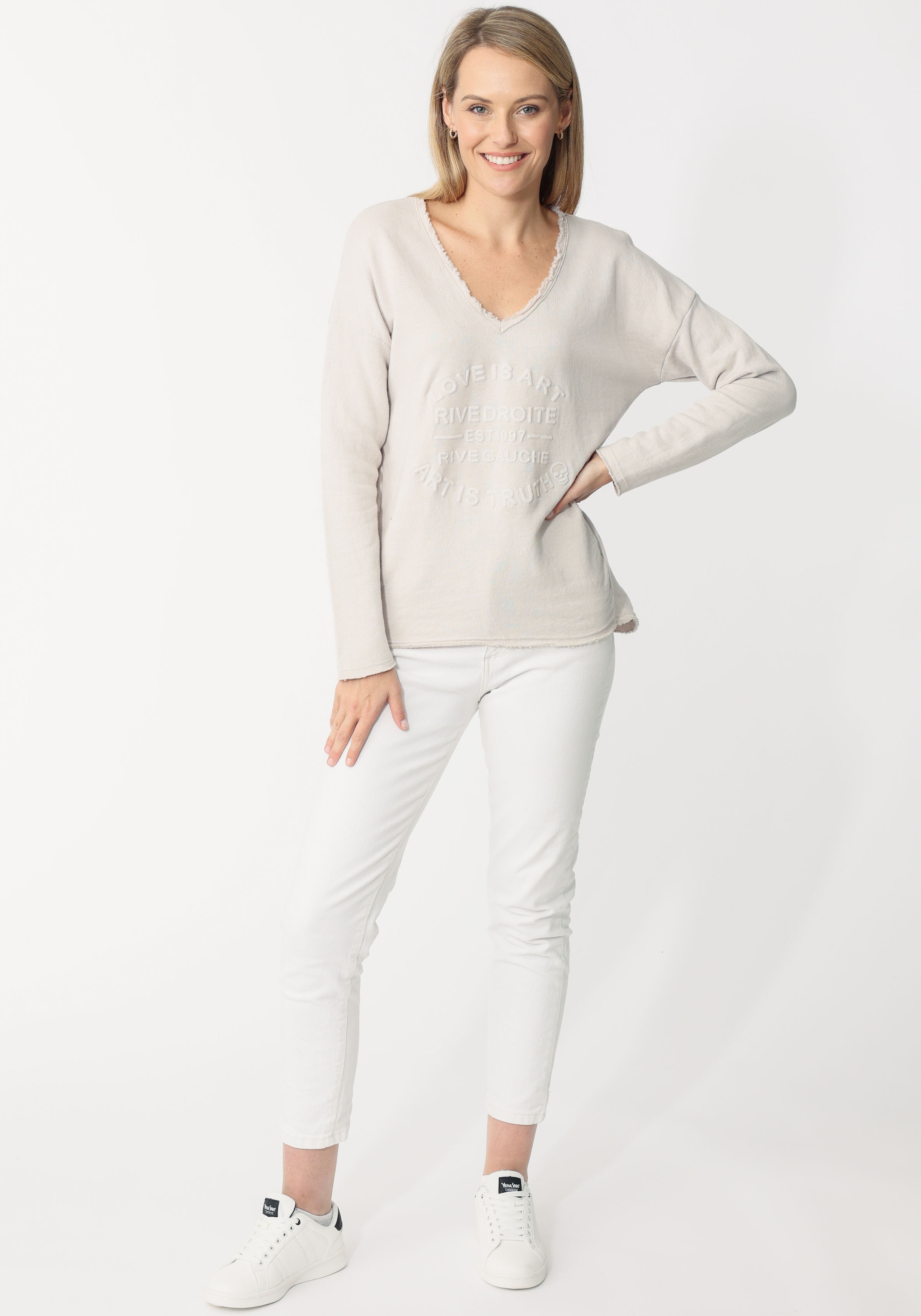 Zwillingsherz Sweatshirt, mit ausgefranstem V-Ausschnitt im Vintage Look