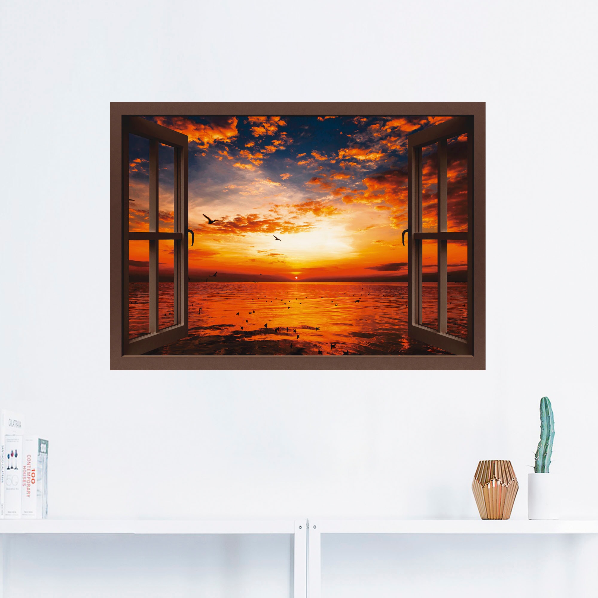 Artland Wandbild »Fensterblick Sonnenuntergang am Strand«, Fensterblick, (1 St.), als Leinwandbild, Poster, Wandaufkleber in verschied. Größen