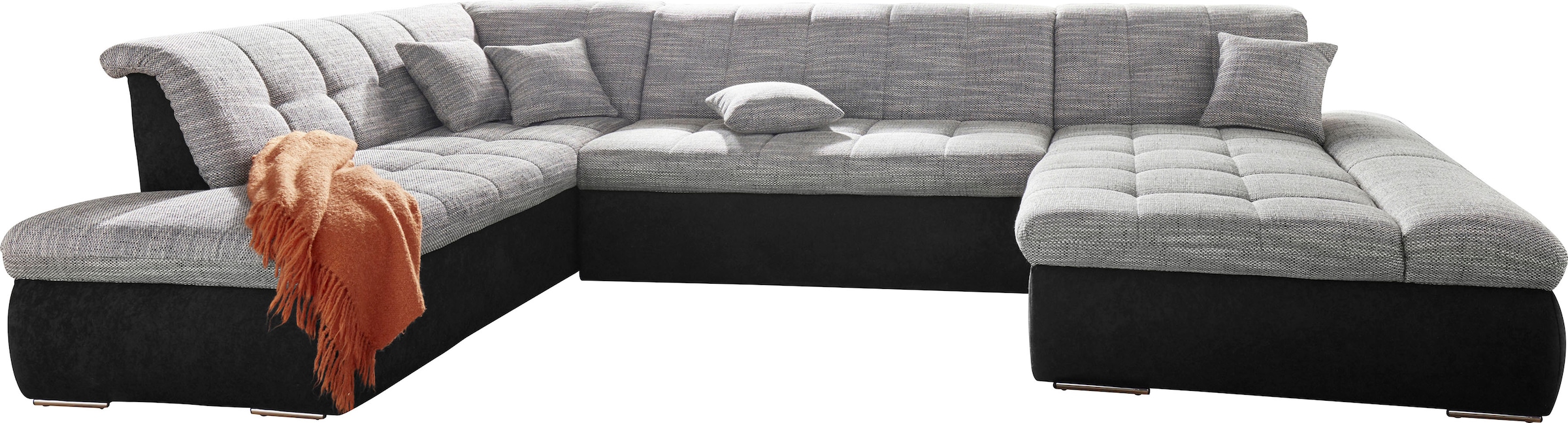 DOMO collection Wohnlandschaft »PB Moric wahlweise mit Bettfunktion und Armteilverstellung  U-Form«, XXL-Format B/T/H: 353/216/80 cm, feine Steppung, incl. Zierkissen