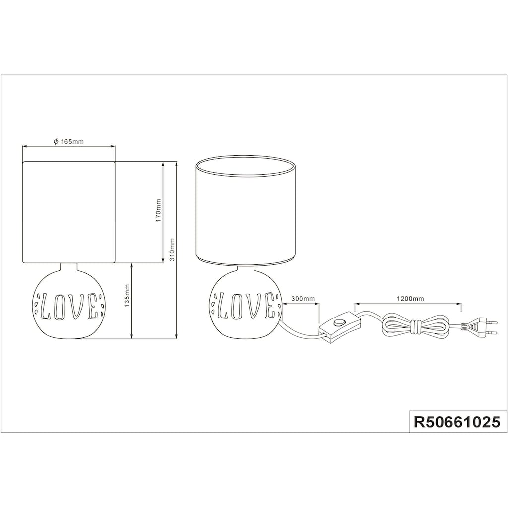 TRIO Leuchten Schreibtischlampe »Esna«, E14, 1 St., E14 Tischleuchte mit LOVE-Schriftzug, Keramikfuß und Stoffschirm