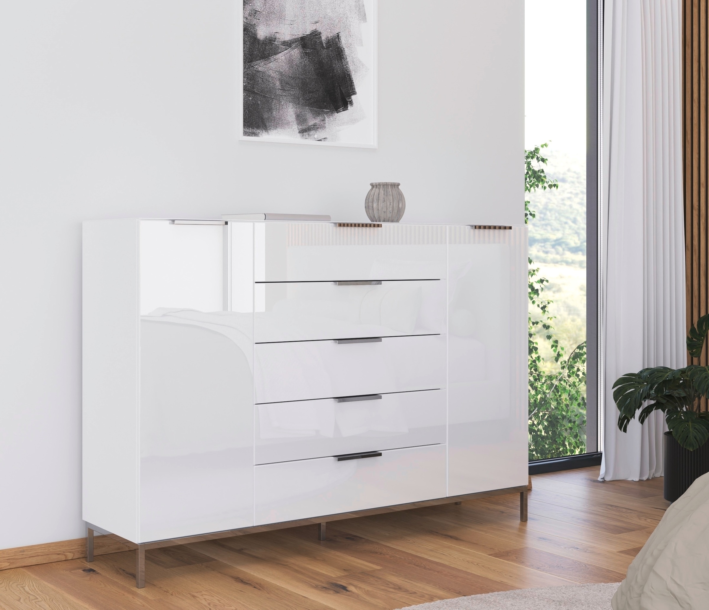 rauch Schubkastenkommode »Kommode Türkommode Sideboard Kombikommode FLIPP mit Glasfront«, (Breite 160/180 cm mit 4 Einlegeböden), 2-türig, 5 Schubladen, Soft-Close, Oberboden und Front Glas, 2 Breiten