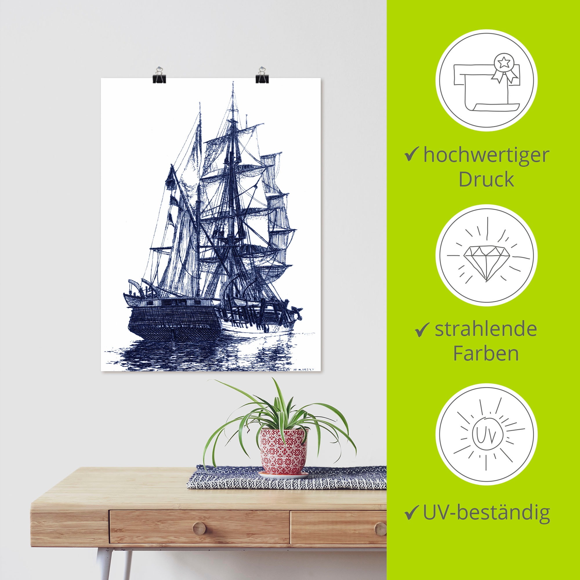 Artland Wandbild »Antikes Schiff in blau I«, Boote & Schiffe, (1 St.), als Alubild, Outdoorbild, Poster in verschied. Größen