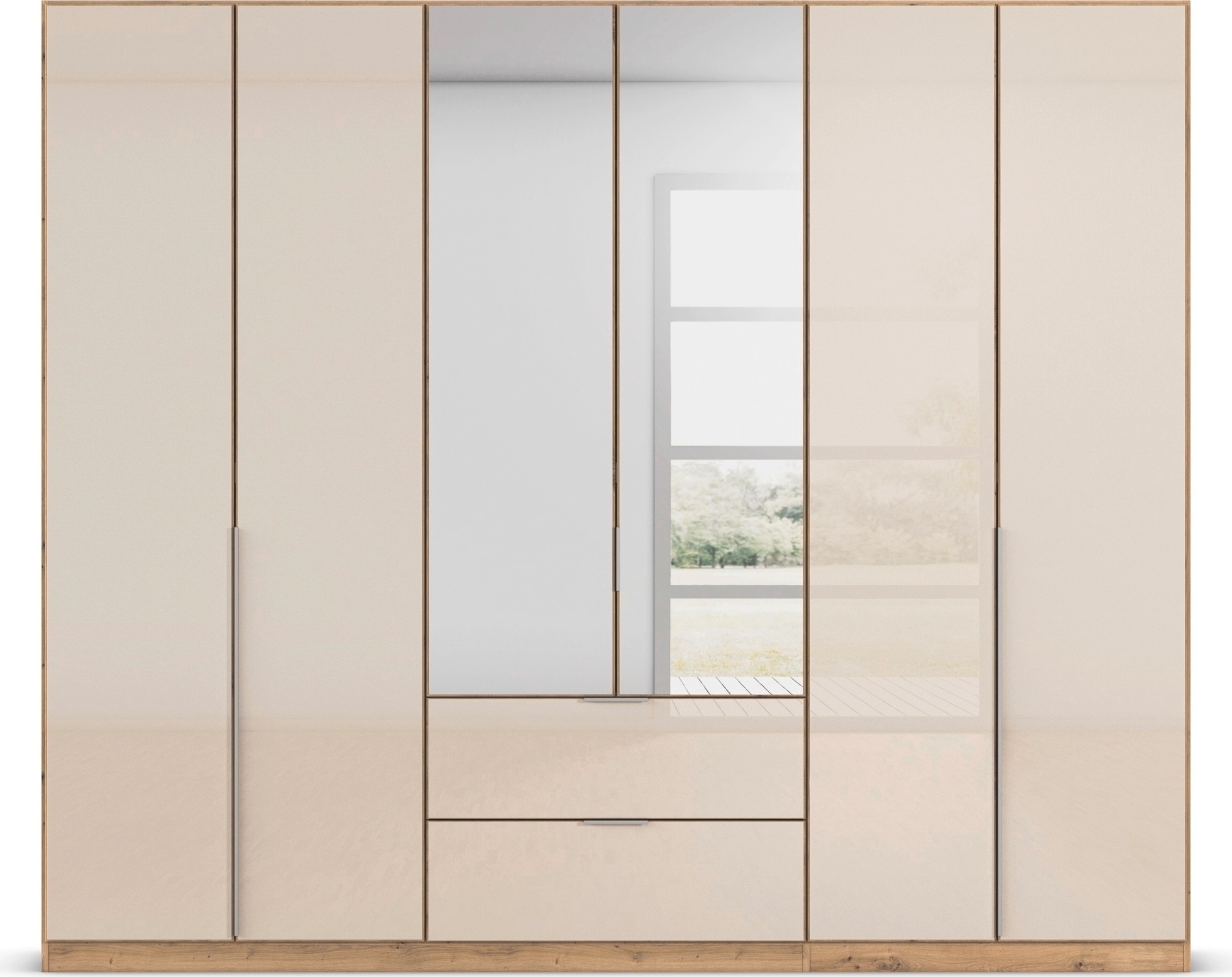 rauch Drehtürenschrank »Kleiderschrank Kleiderschränke Schrank Garderobe AGORDO mit Glasfront«, (in zwei Griff-Farben mit Glasfront), mit Außenschubkästen, in 6 Breiten und 2 Höhen MADE IN GERMANY