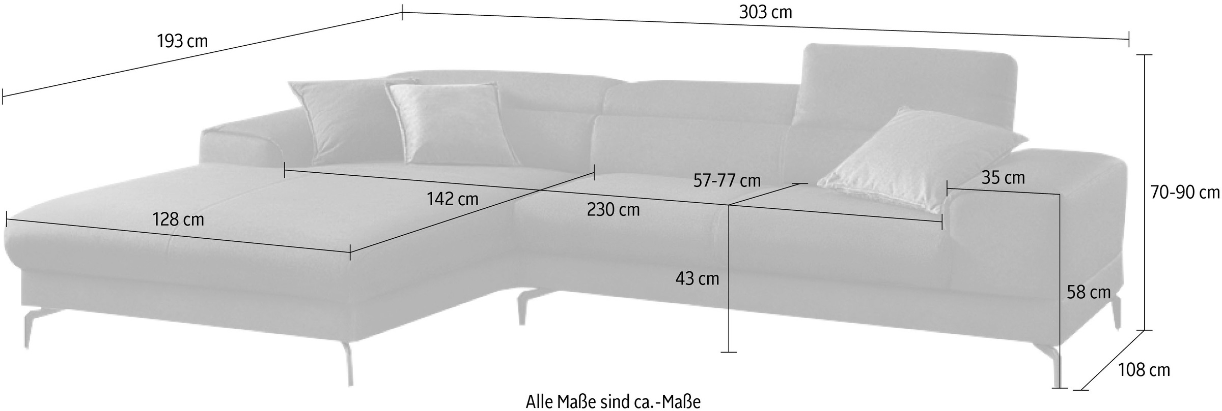 W.SCHILLIG Ecksofa »piedroo, Designsofa mit tollem Sitzkomfort, elegant und bequem, L-Form«, Kopfteilverstellung, wahlweise mit Sitztiefenverstellung, Breite 303cm