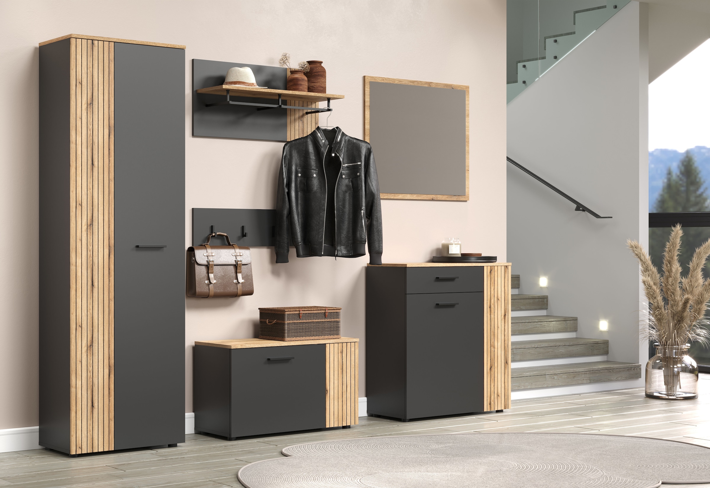 INOSIGN Garderoben-Set »Estepona«, (Komplett-Set, 6 St.), Garderobenmöbel mit Rillenoptik - Maße (B/T/H) 250/36/195 cm