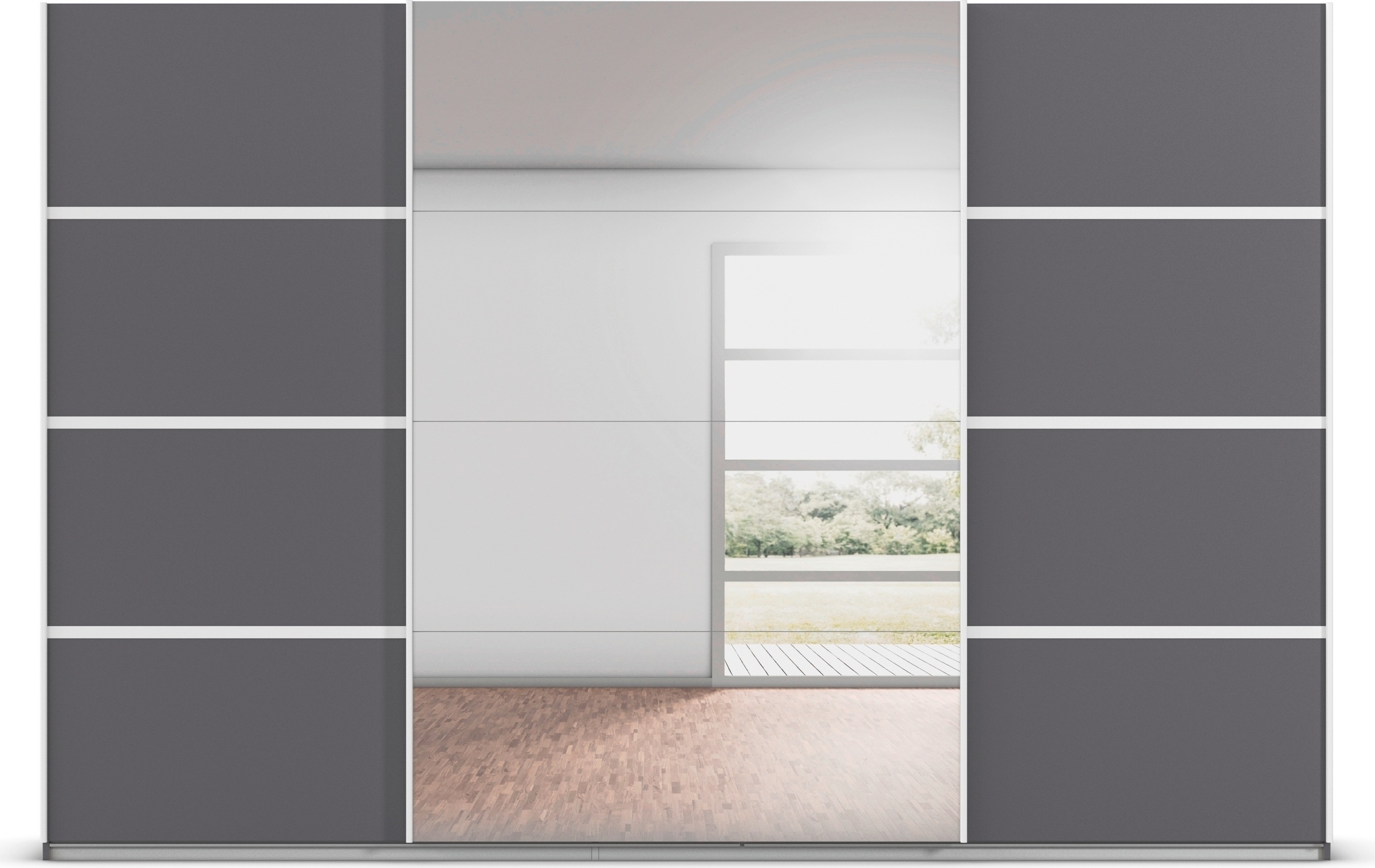 rauch Kleiderschrank »Schwebetürenschrank OTTO´s Choice Garderobe Schrank TOP ANGEBOT Avola«, (in 3 verschiedenen Ausstattungen BASIC/CLASSIC/PREMIUM inkl. Spiegel), mit eleganten Zierleisten in Chrom, Schwarz oder Weiß MADE IN GERMANY