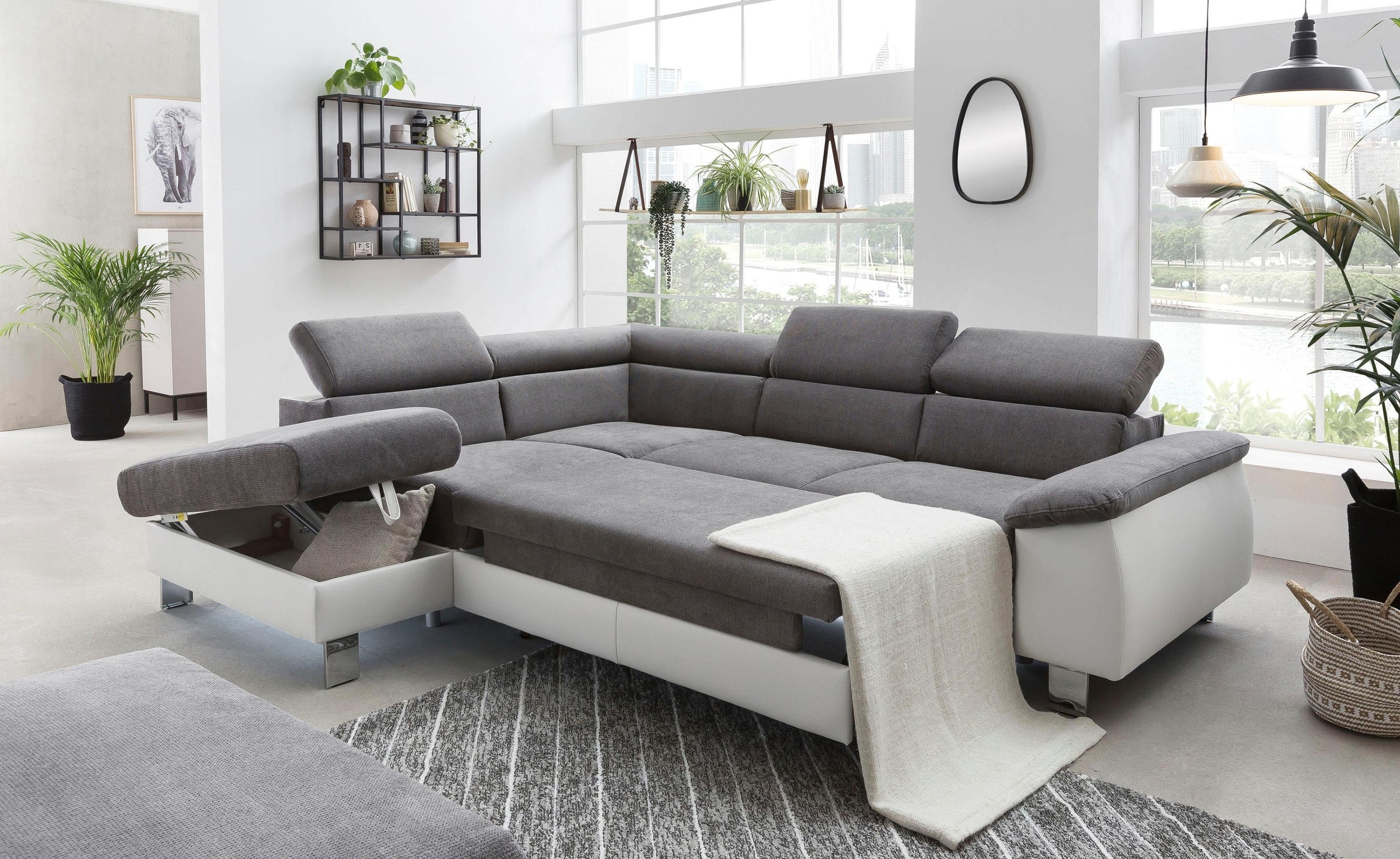 COTTA Ecksofa »Komaris L-Form mit Kopfteilverstellung«, wahlweise mit Bettfunktion, Bettkasten & Beleuchtung