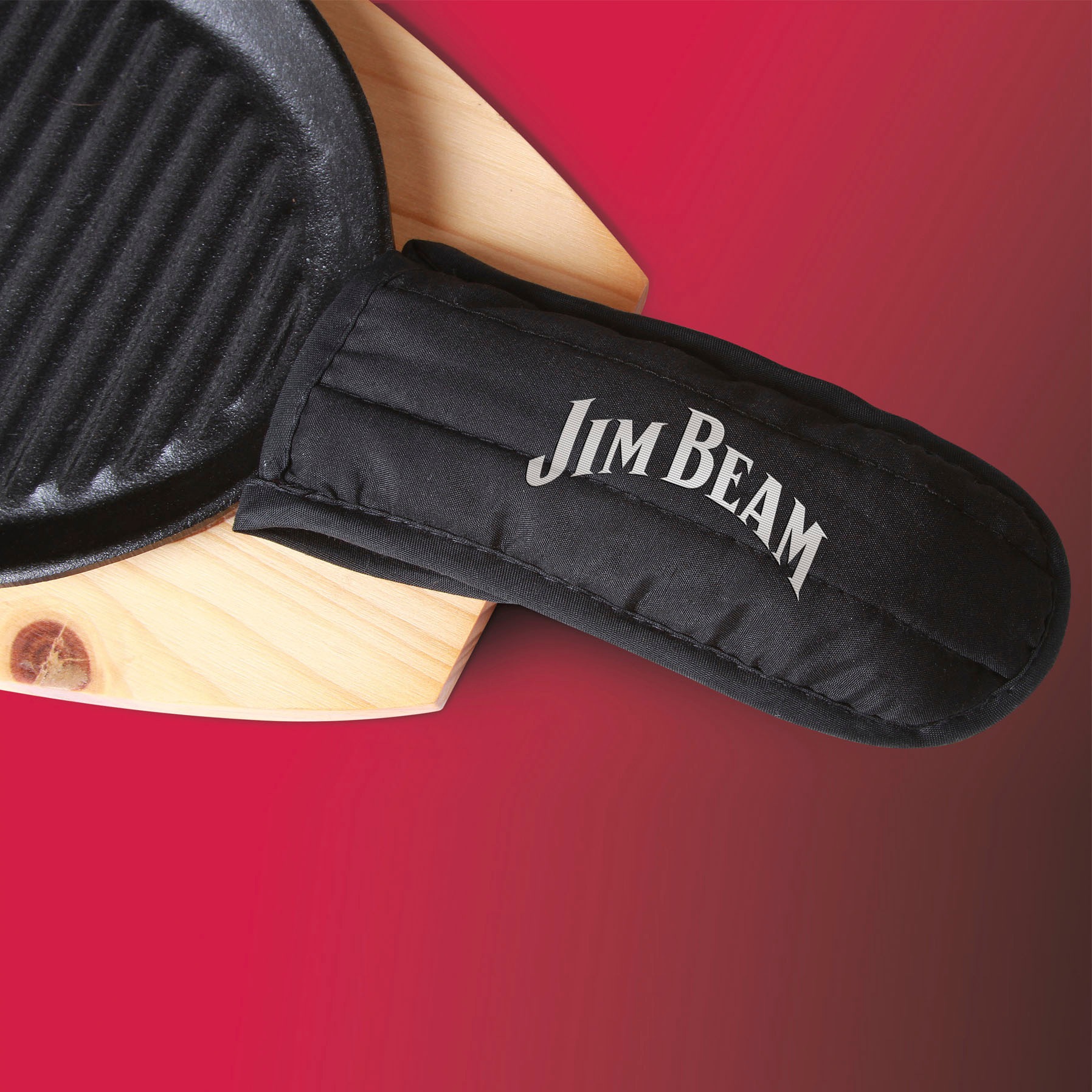 Jim Beam BBQ Grillpfanne, Gusseisen, (Set, 3 tlg.), inkl. Holzuntersetzer und Griffüberzug