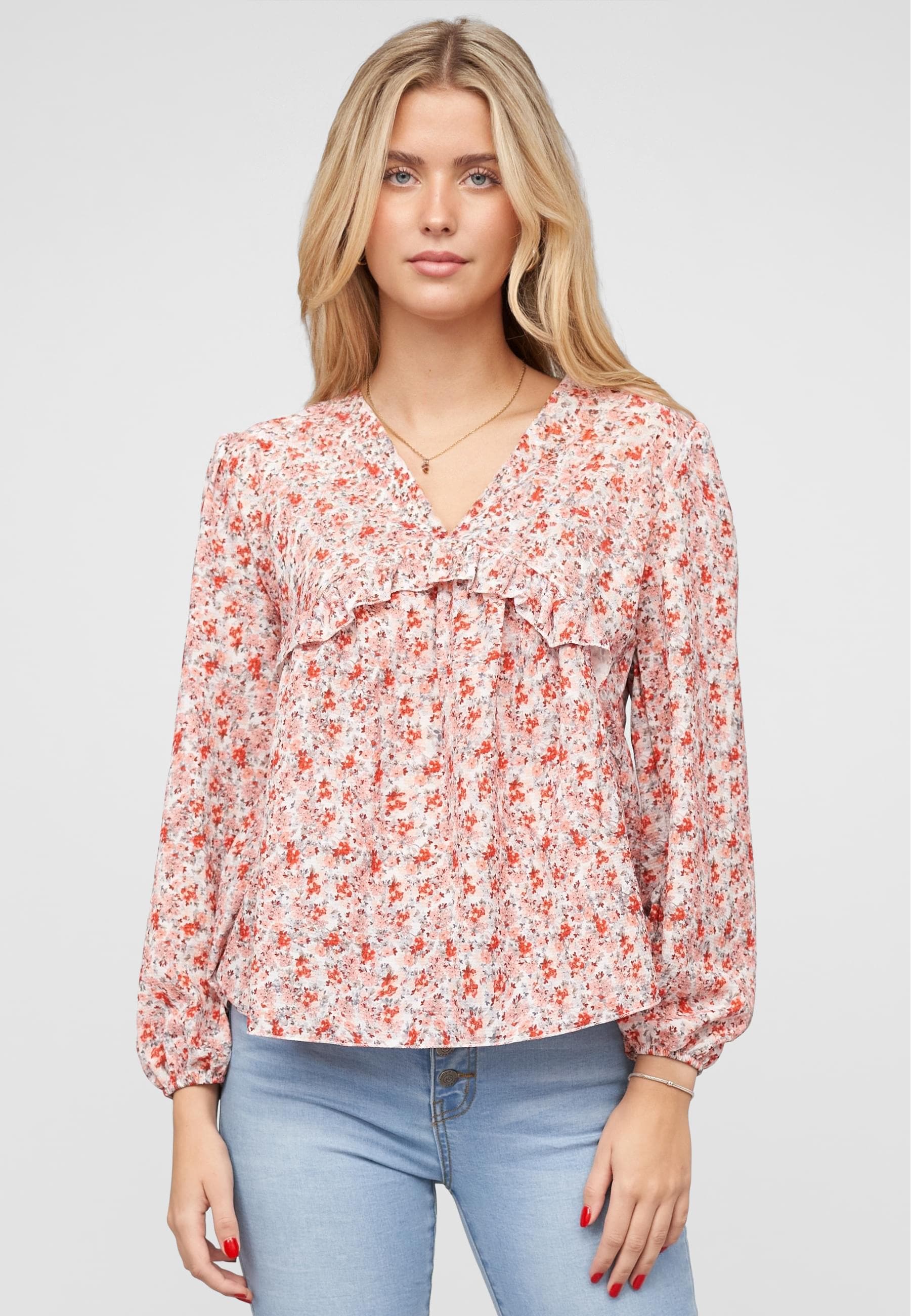 CLOUD 5IVE Langarmhemd »CLOUD 5IVE V-Neck Bluse mit Rüschendetails und Blumen Print«