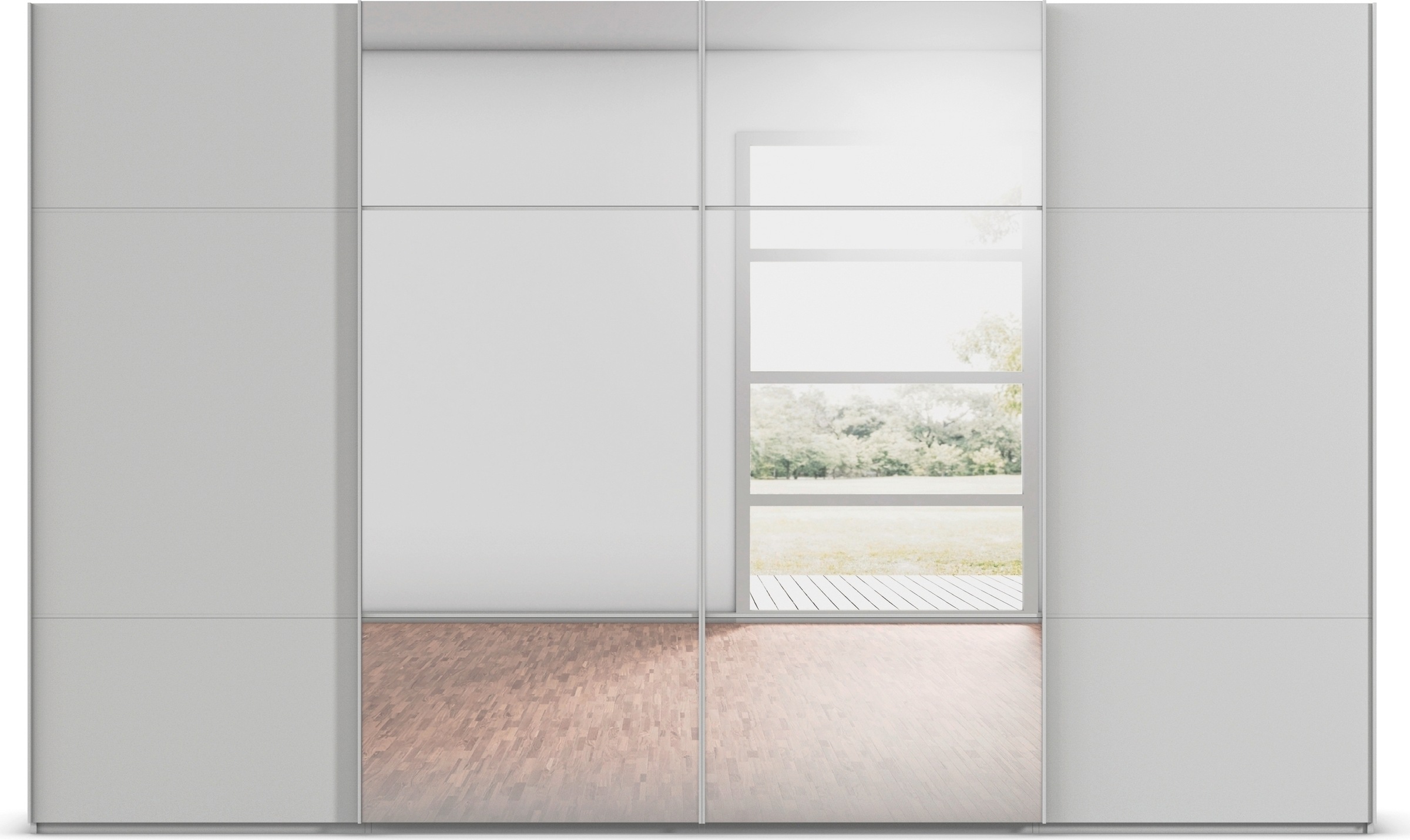 rauch Schwebetürenschrank »Kleiderschrank Schrank Garderobe Schlafzimmerschrank SCALE-TRIO«, edle dreigeteilte Front mit 2 Zierleisten und Spiegel MADE IN GERMANY