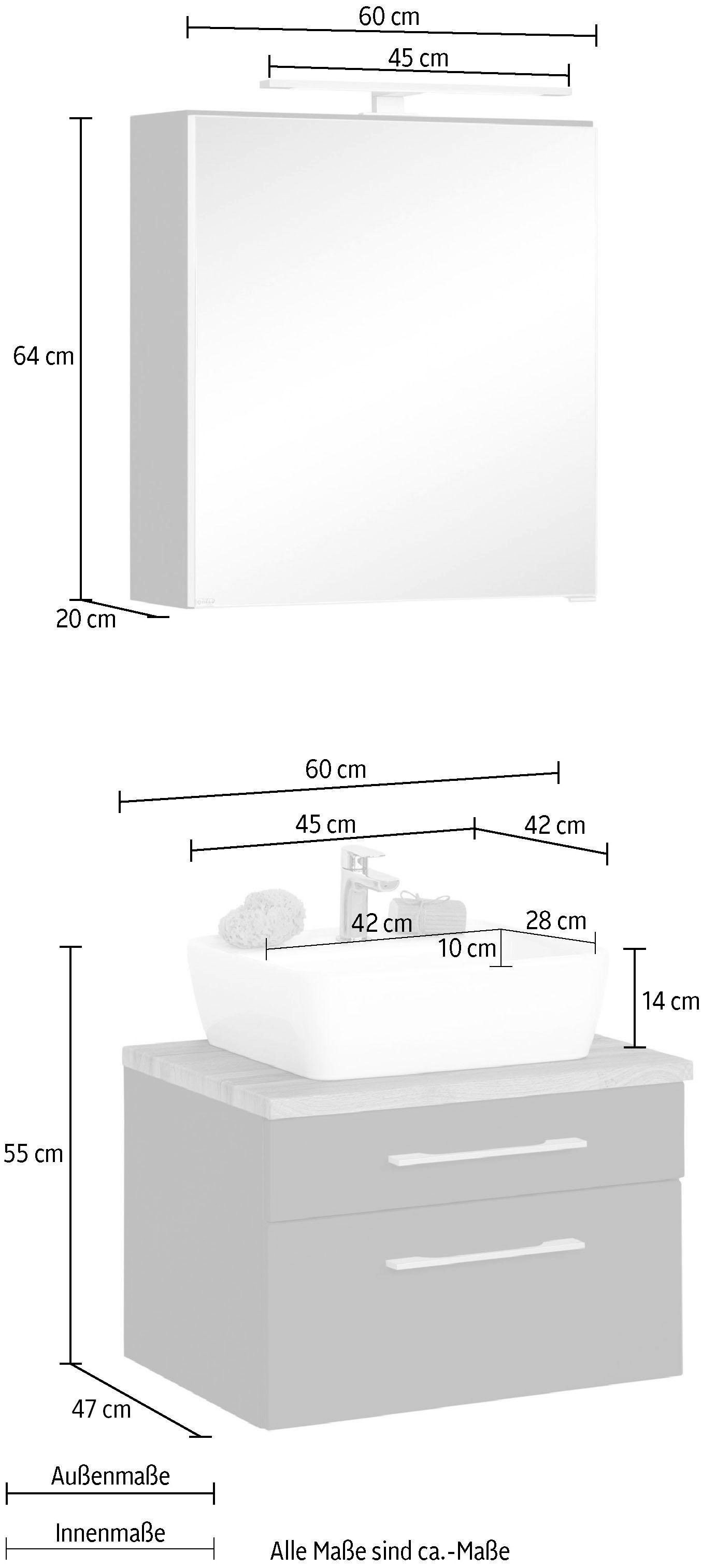 welltime Badmöbel-Set »Davos«, (2 St.), Spiegelschrank Breite 60 cm, mit rechteckigem Waschbecken
