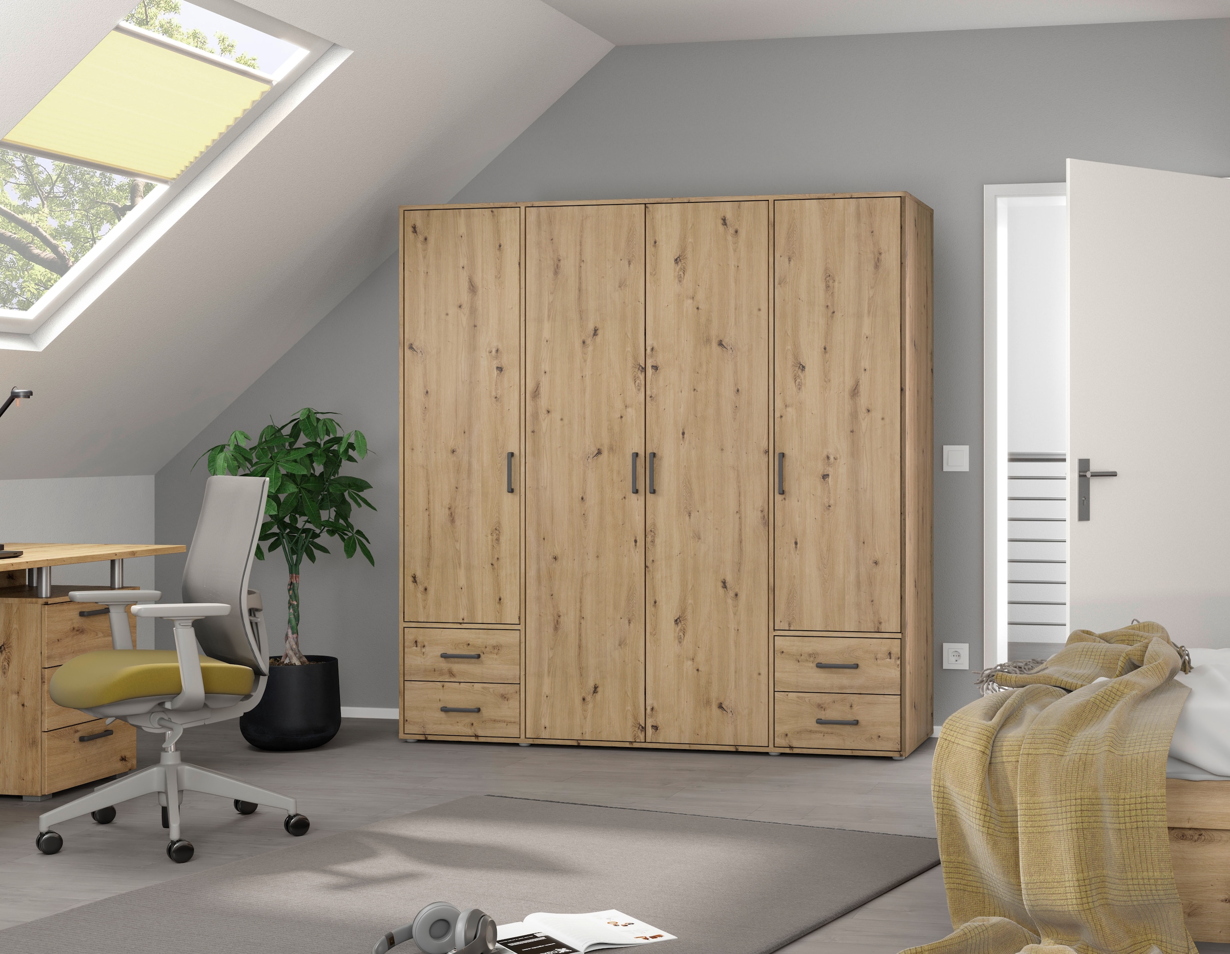 rauch Drehtürenschrank »Kleiderschrank Schrank Garderobe Wäscheschrank VOYAGER«, (in 3 verschiedenen Ausstattungen BASIC/CLASSIC/PREMIUM), moderne Griffe in Graumetallic mit Außenschubkästen MADE IN GERMANY