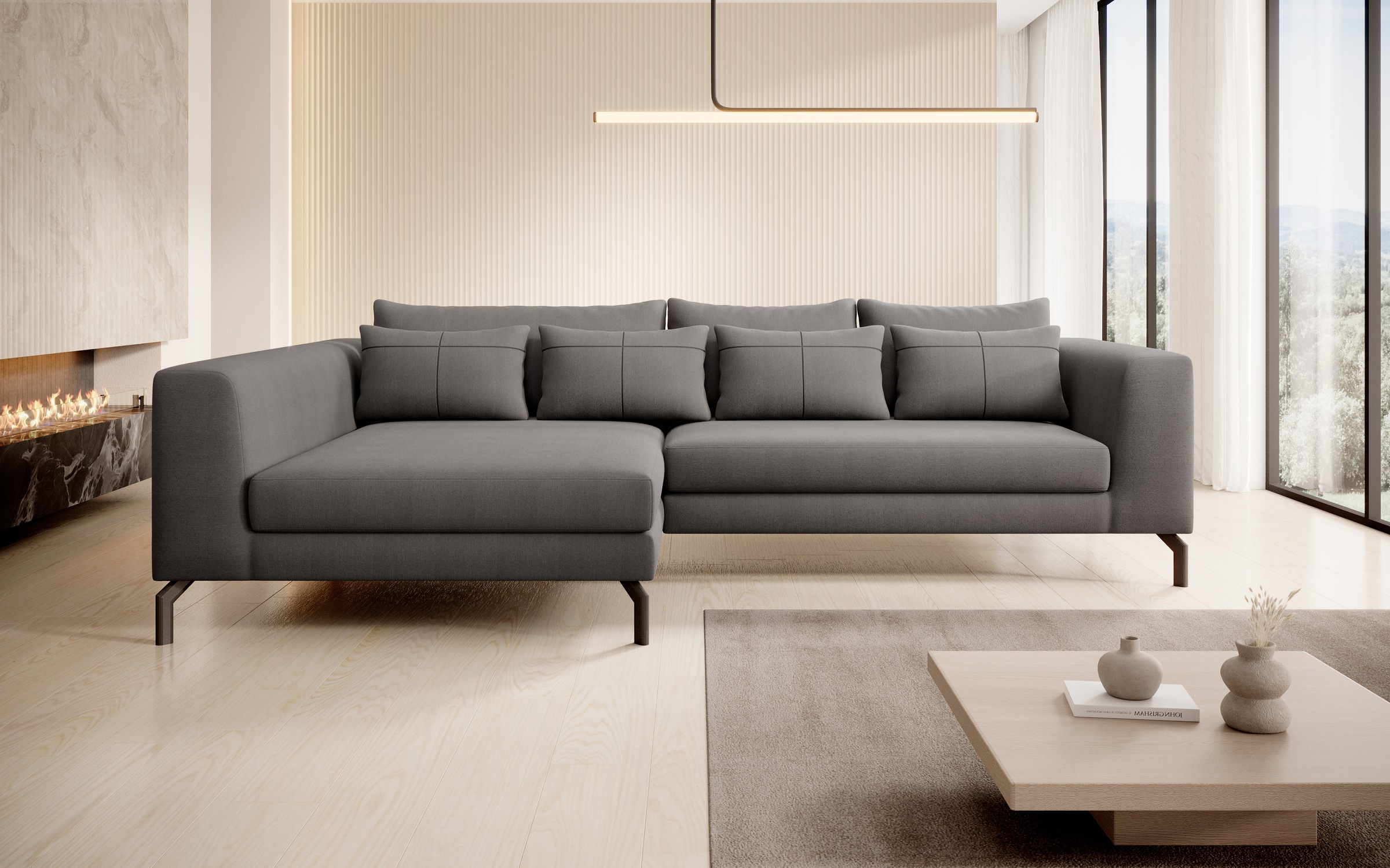 INOSIGN Ecksofa »Cross, mit softem Sitz, L-Form, wendbare Zierkissen, Breite 284 cm«, Couch mit vielen Kissen, stylische Kreuznaht, elegante Metallfüße