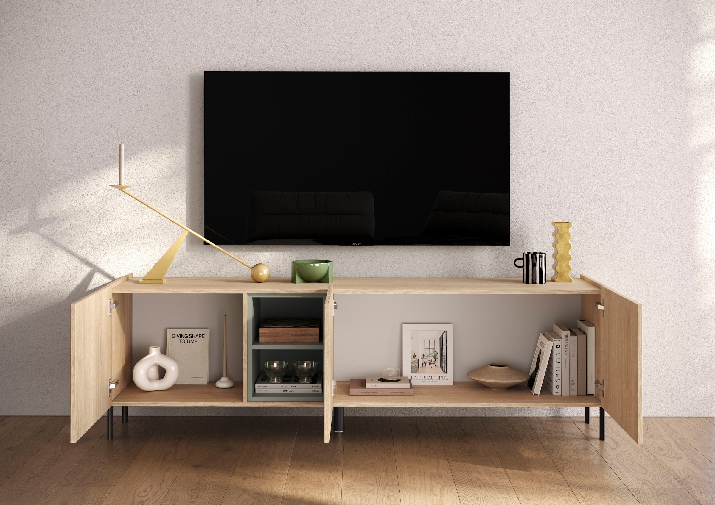 OTTO home Lowboard »Badia, 182 cm breit, 3 Türen, Mediaboard, TV-Schrank« Innenliegendes Top, gerade Metallfüße, salbeigrüne Farbakzente