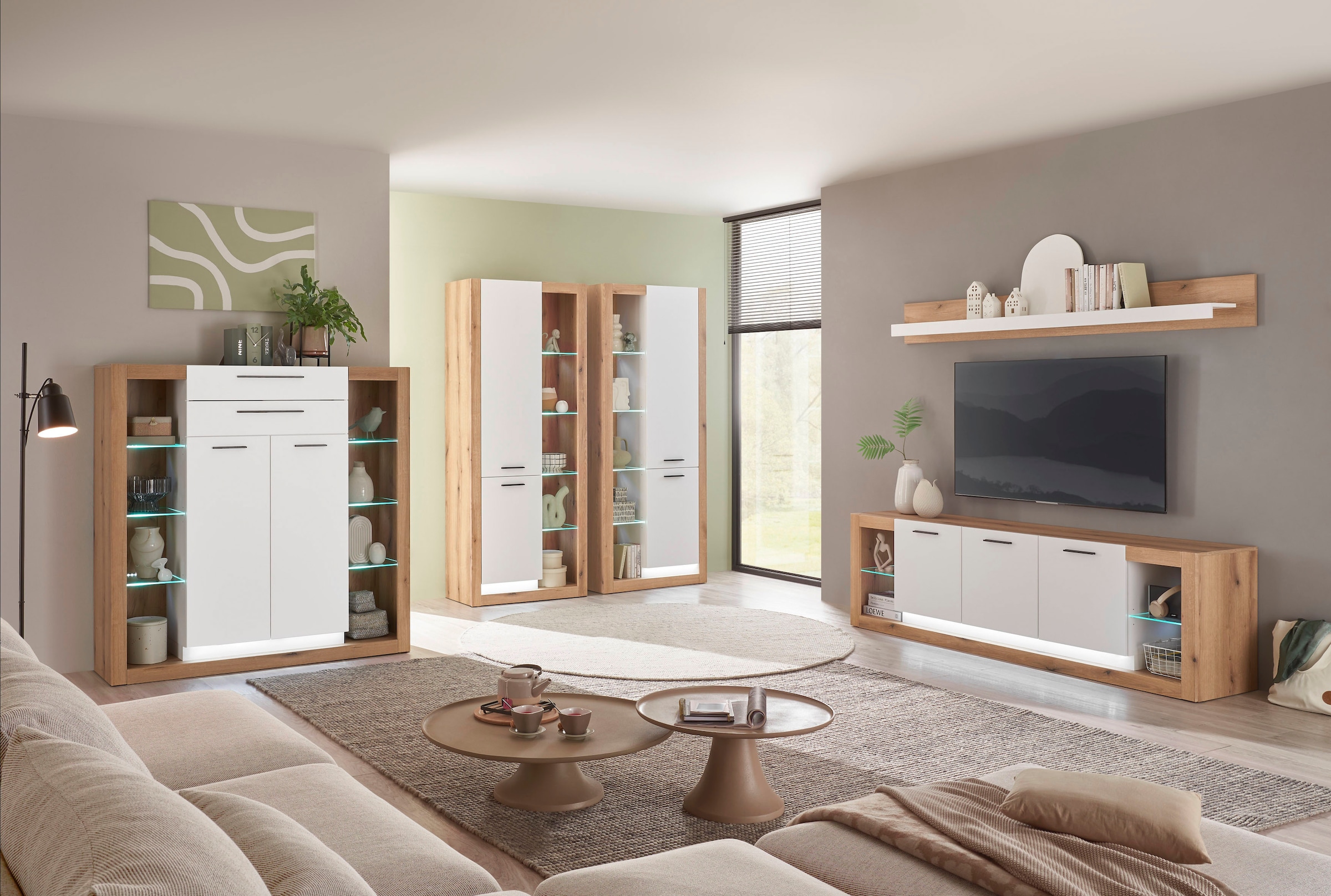 INOSIGN Wohnwand »Brixen, moderne Anbauwand, Wohnzimmer-Set, Eiche Evoke Dekor mit Weiß«, (Set, 2 St.), enthält Stauraumelemente
