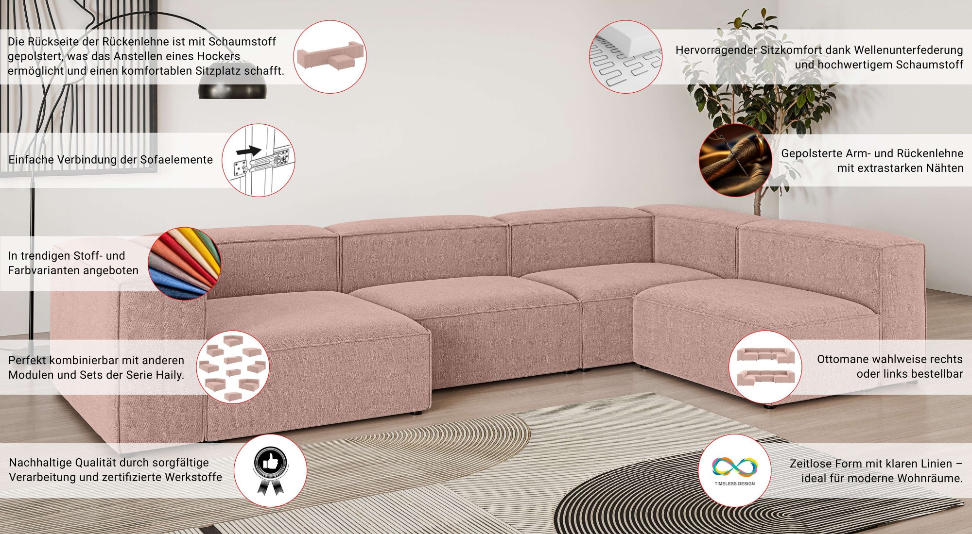 INOSIGN Wohnlandschaft »HAILY U-Form mit Ottomane links/rechts, Maße B/T/H: 360/200/72 cm«, als Modul oder separat verwendbar, für individuelle Zusammenstellung