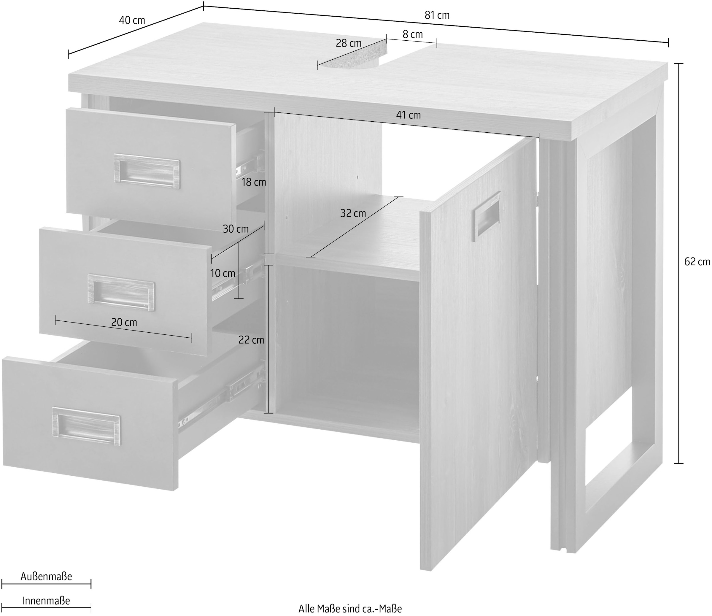 Home affaire Waschbeckenunterschrank »Detroit, Waschtisch mit Apothekergriff, Badschrank im Industrialdesign«, Eiche Dekor, mit Schubladen & Stauraum, Breite 81 cm