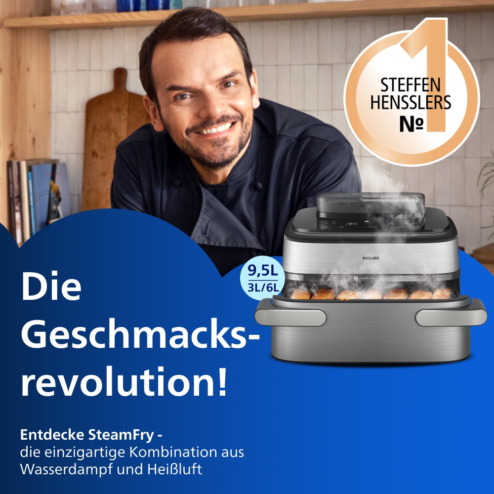 Philips Heißluftfritteuse »NA565/02 Steam Airfryer 5000 Series Megabasket, 9,5L Kapazität« 2750 W mit Dampfgarfunktion u. RapidAir Plus Technologie; inkl. Servierzange