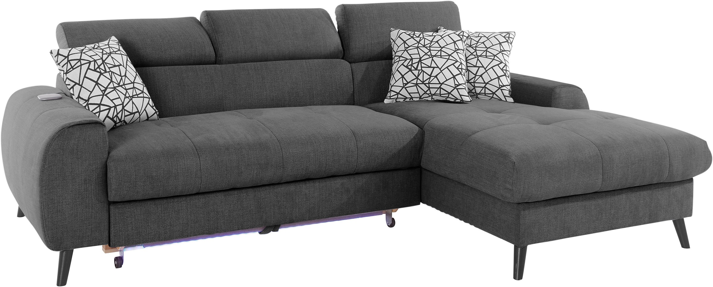 COTTA Ecksofa »Mia L-Form mit 3 Zierkissen«, wahlweise mit Bettfunktion, Bettkasten, Beleuchtung & Wireless-Charger
