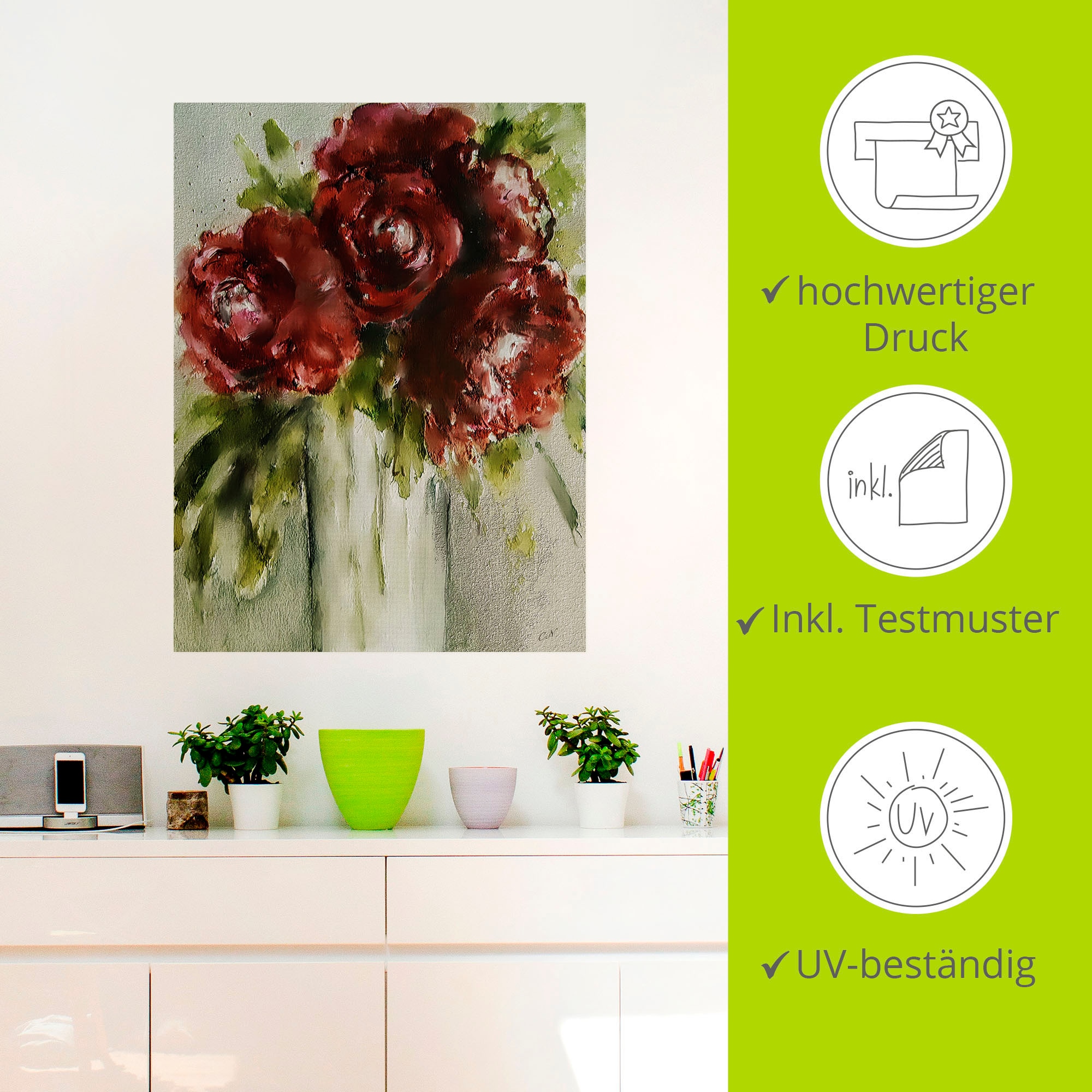Artland Wandbild »Pfingstrosen in Vase«, Blumenbilder, (1 St.), als Alubild, Leinwandbild, Wandaufkleber oder Poster in versch. Größen