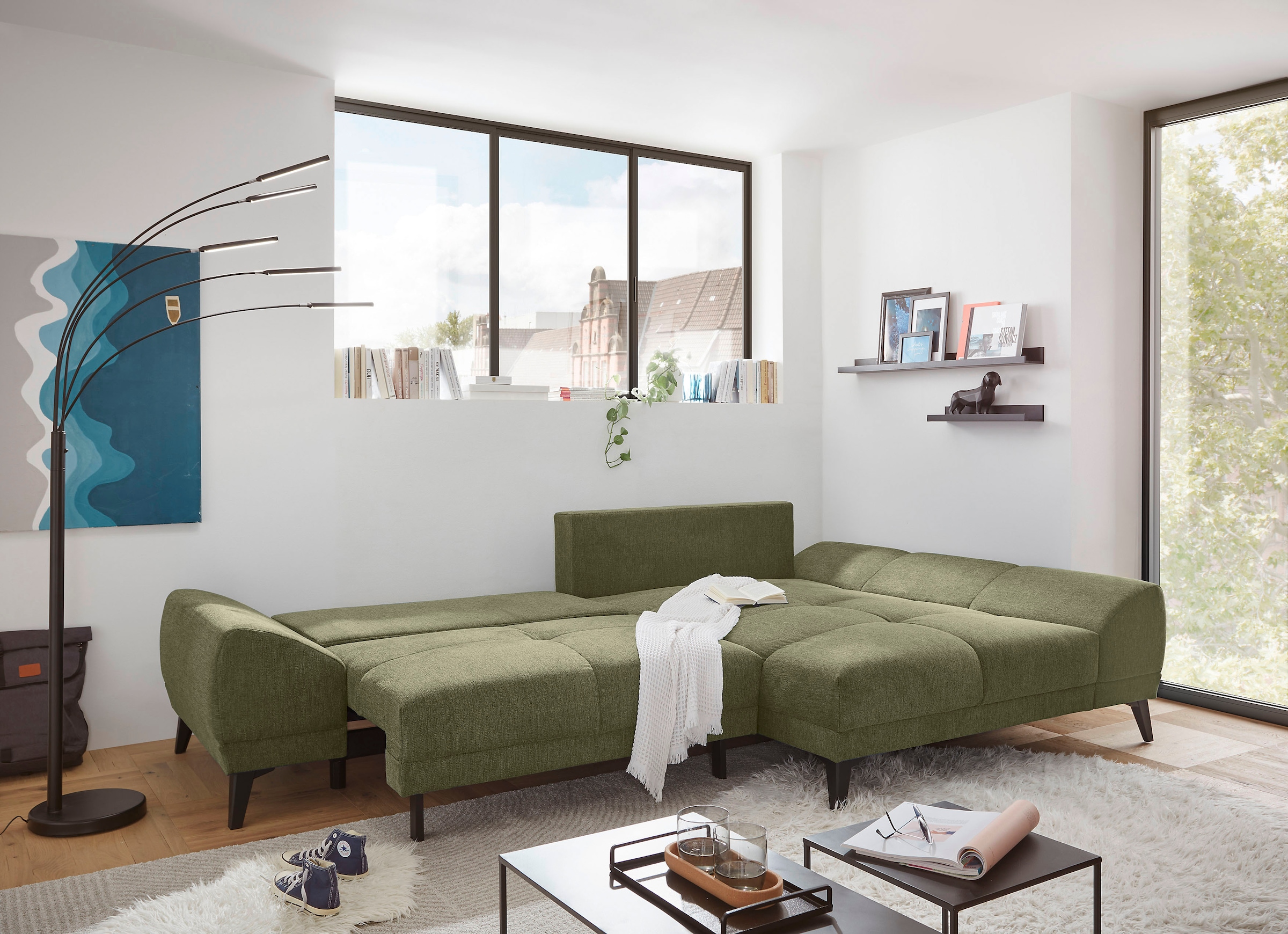 ED EXCITING DESIGN Ecksofa »Scott L-Form«, frei im Raum stellbar, mit Bettkasten, Schlaffunktion und 8 Kissen