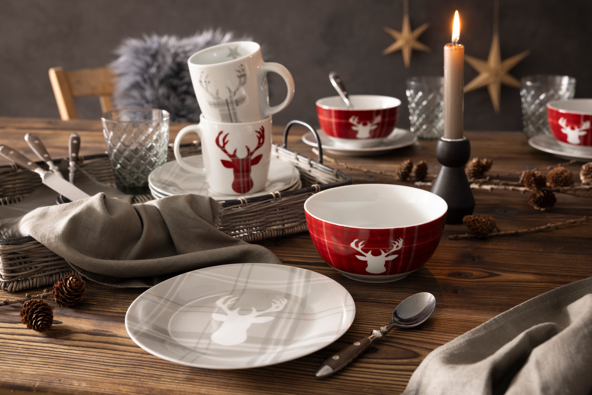 Retsch Arzberg Kombiservice »Geschirr-Set, Service HIGHLAND STAG, Winter, Advent, Weihnachten«, (Set, 30 tlg.), Hirsch trifft Schottenkaro, 30 Teile, für 6 Personen