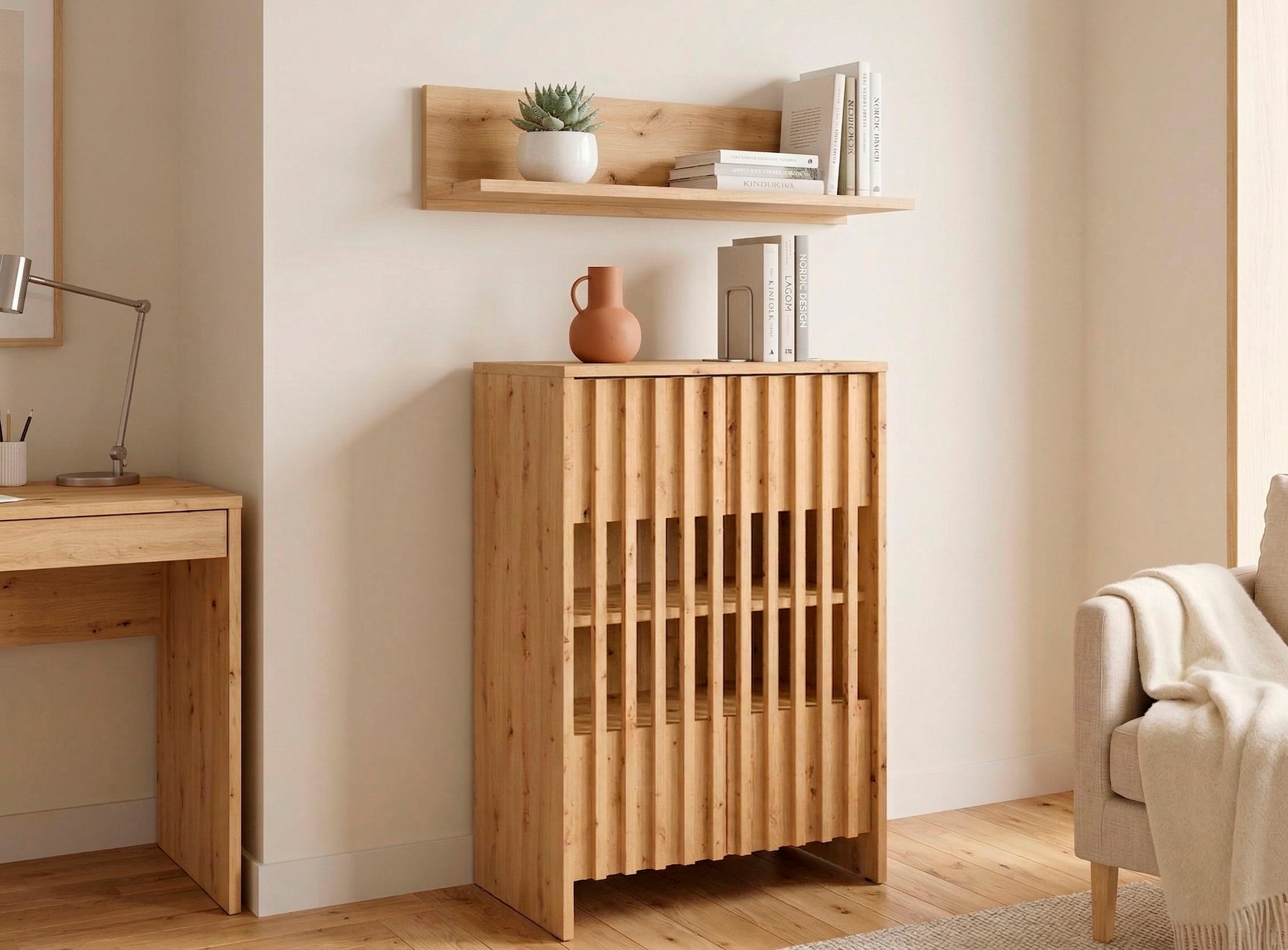 Home affaire Mehrzweckschrank »MURET, multifunktionale Kommode, 4 Fächer und 2 Türen, Lamellenfronten« Maße B/T/H: 60/35,4/87 cm,  Kommode mit viel Stauraum, Maße B/T/H: 60/35,4/87 cm