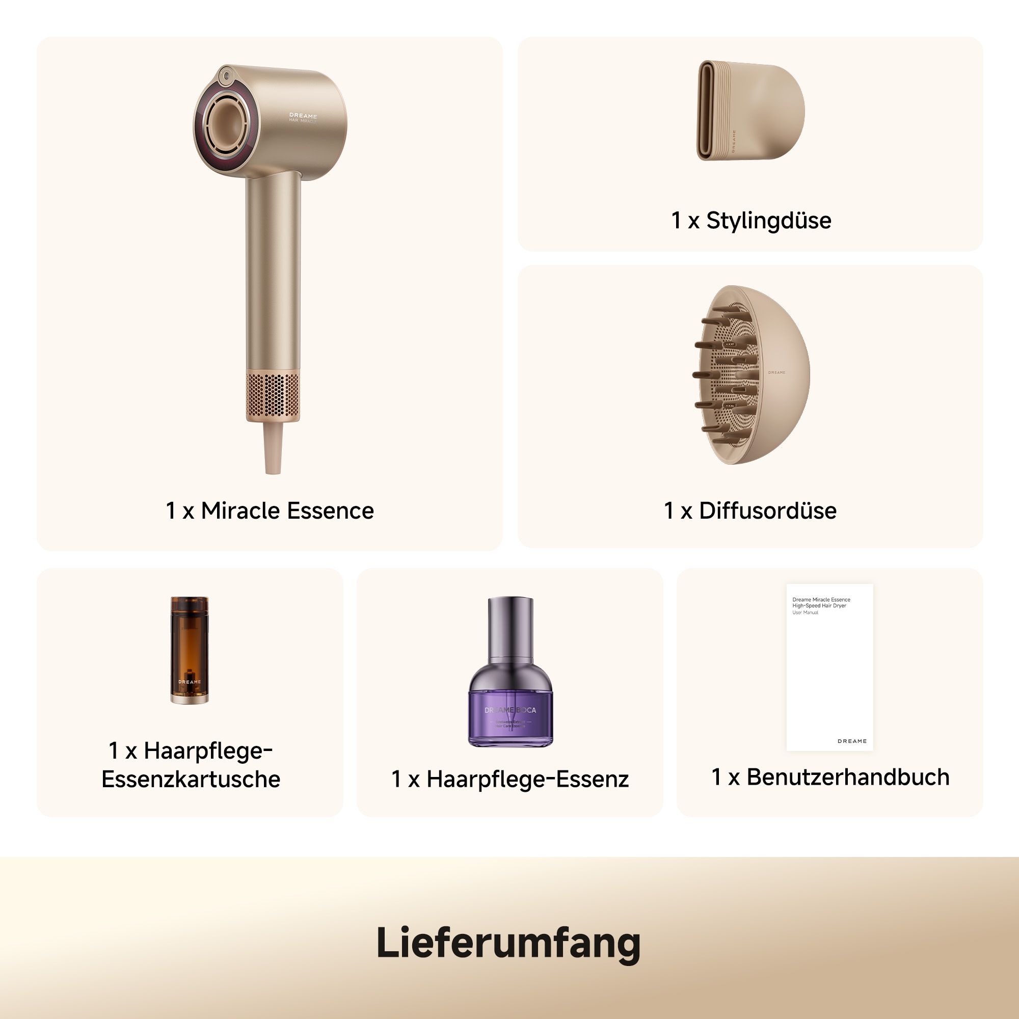 Dreame Haartrockner »Miracle Essence« 1.600 W 2 Aufsätze Essenz-Mikronebel, Rotlichtpflege, Anti-Frizz-Ionen