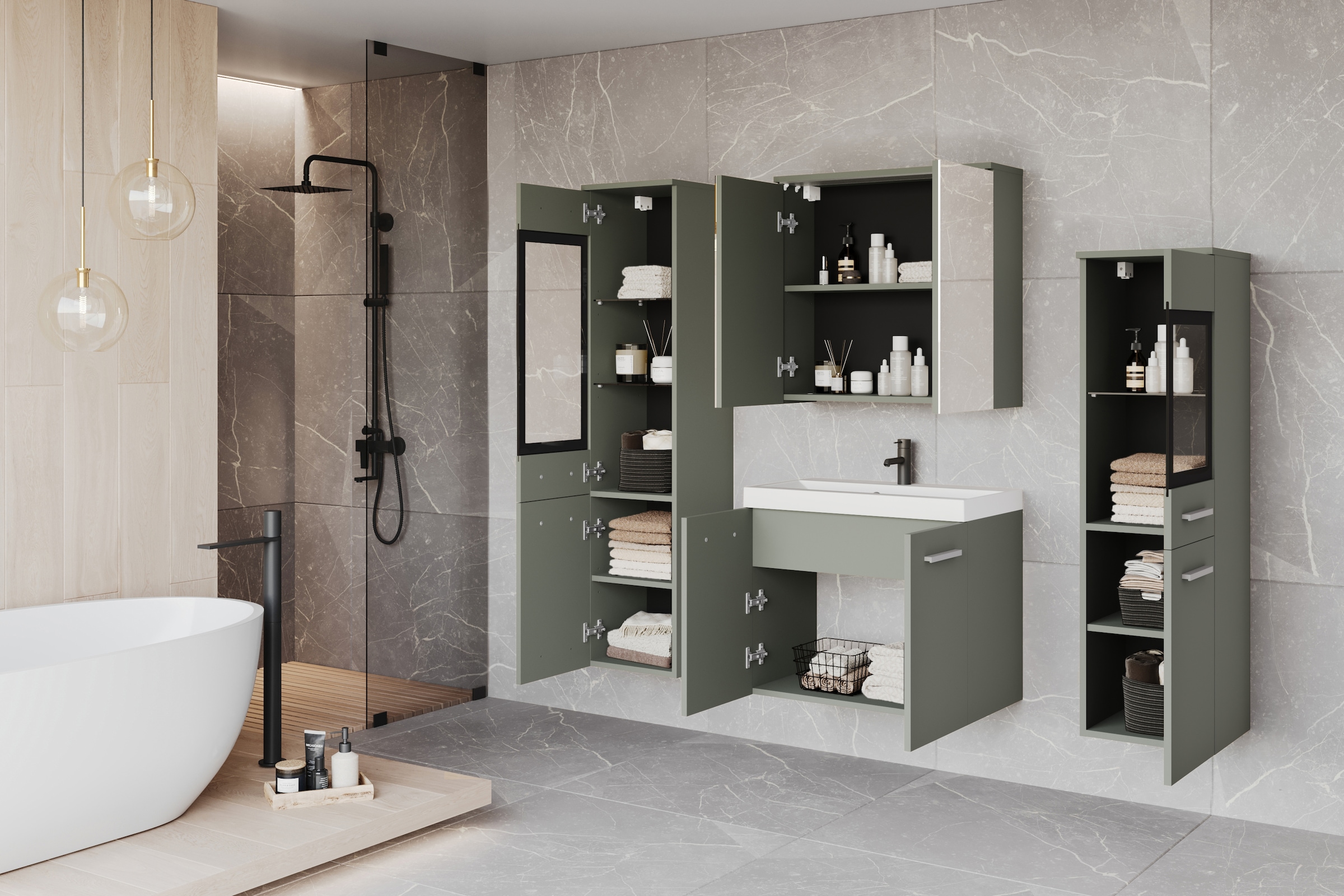 welltime Badmöbel-Set »MADRIT II, Schrank mit Waschbecken, 2 Hänger, Spiegelschrank«, (Komplett-Set, 5 St.), Hängende Badmöbel mit Glaseinsätzen – in vielen Farben erhältlich