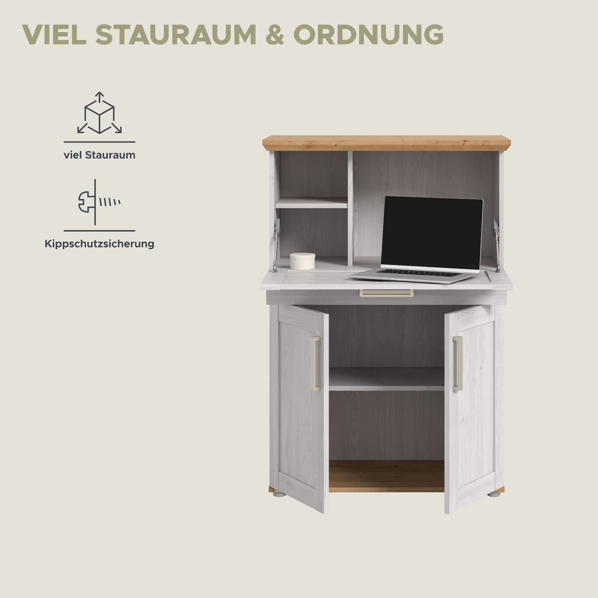 Home affaire Sekretär »COSENZA, Höhe 122 cm, 2 Türen, 1 Klappe, 1 Schubkasten, 5 Fächer« in Landhausoptik, mit weiteren Artikel der Serie kombinierbar,  Schreibtisch, Home-Office, Kommode, Schrank, Midischrank