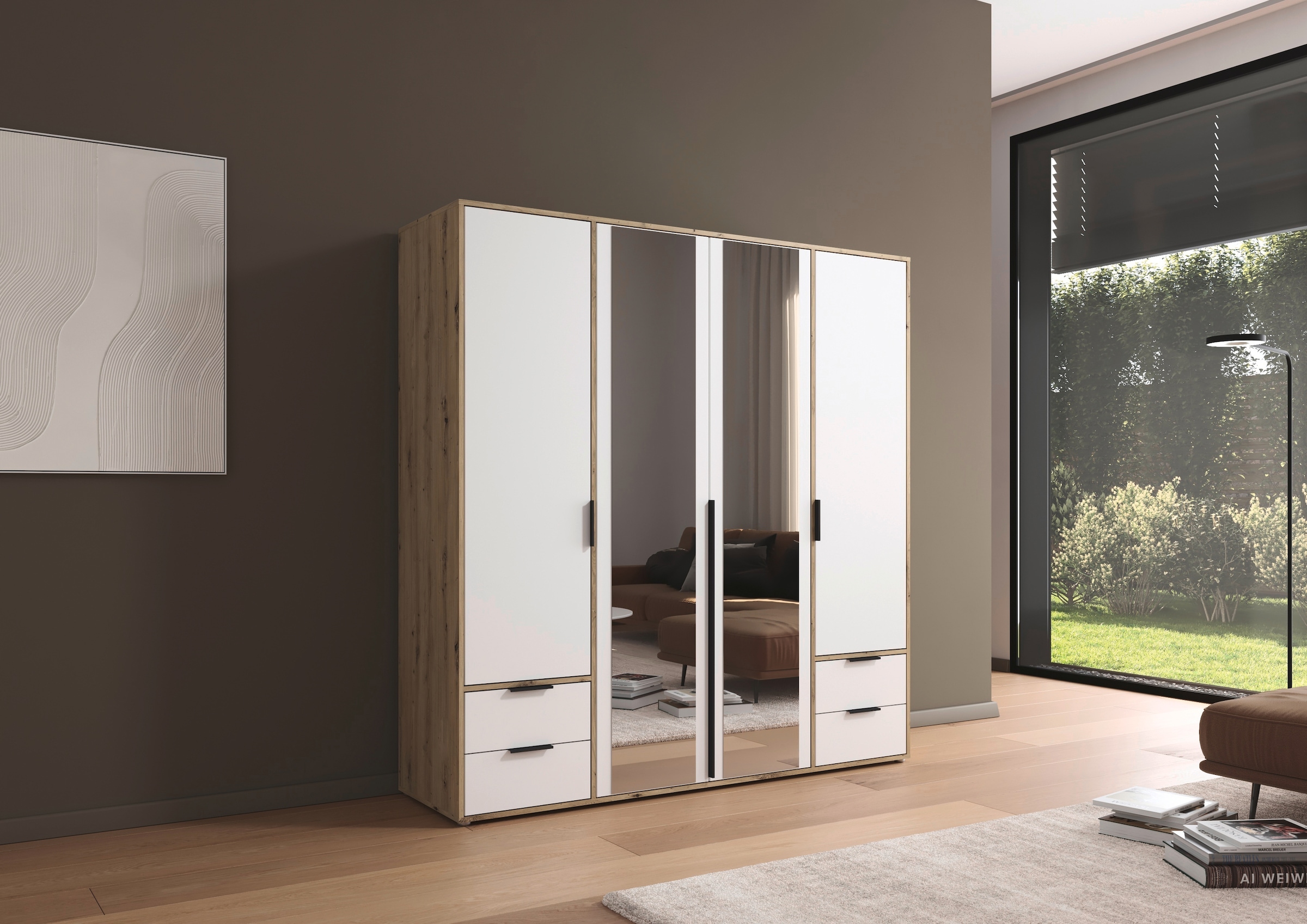 rauch Drehtürenschrank »Kleiderschrank Schrank Garderobe Wäscheschrank NAGATA mit Spiegel«, (in 3 verschiedenen Ausstattungen BASIC/CLASSIC/PREMIUM), und Schubladen sowie Stangengriffen TOPSELLER MADE IN GERMANY