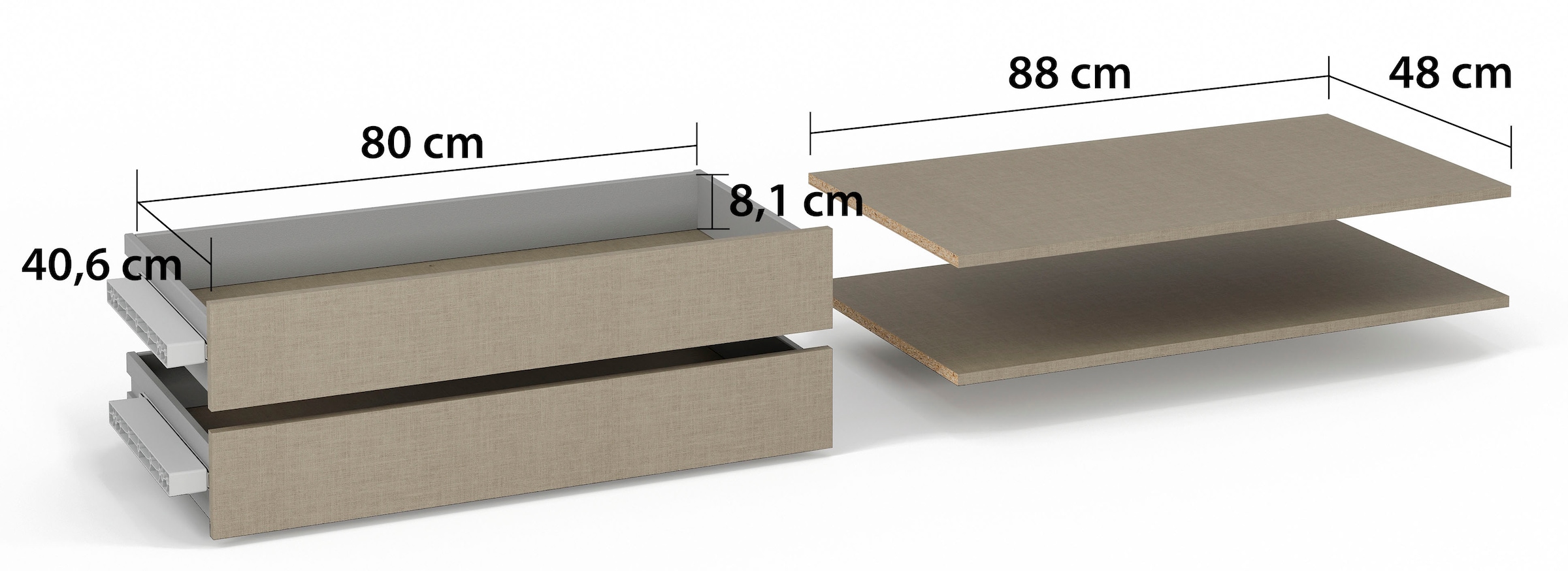 rauch Schubladeneinsatz »Schubkasten Einsatz Zubehör ORANGE/BLUE für Rauch Kleiderschränke« variabel in der Höhe montierbar,  2 Schubladeneinsätze mit 2 Fachböden 88 cm für Schwebetürenschränke