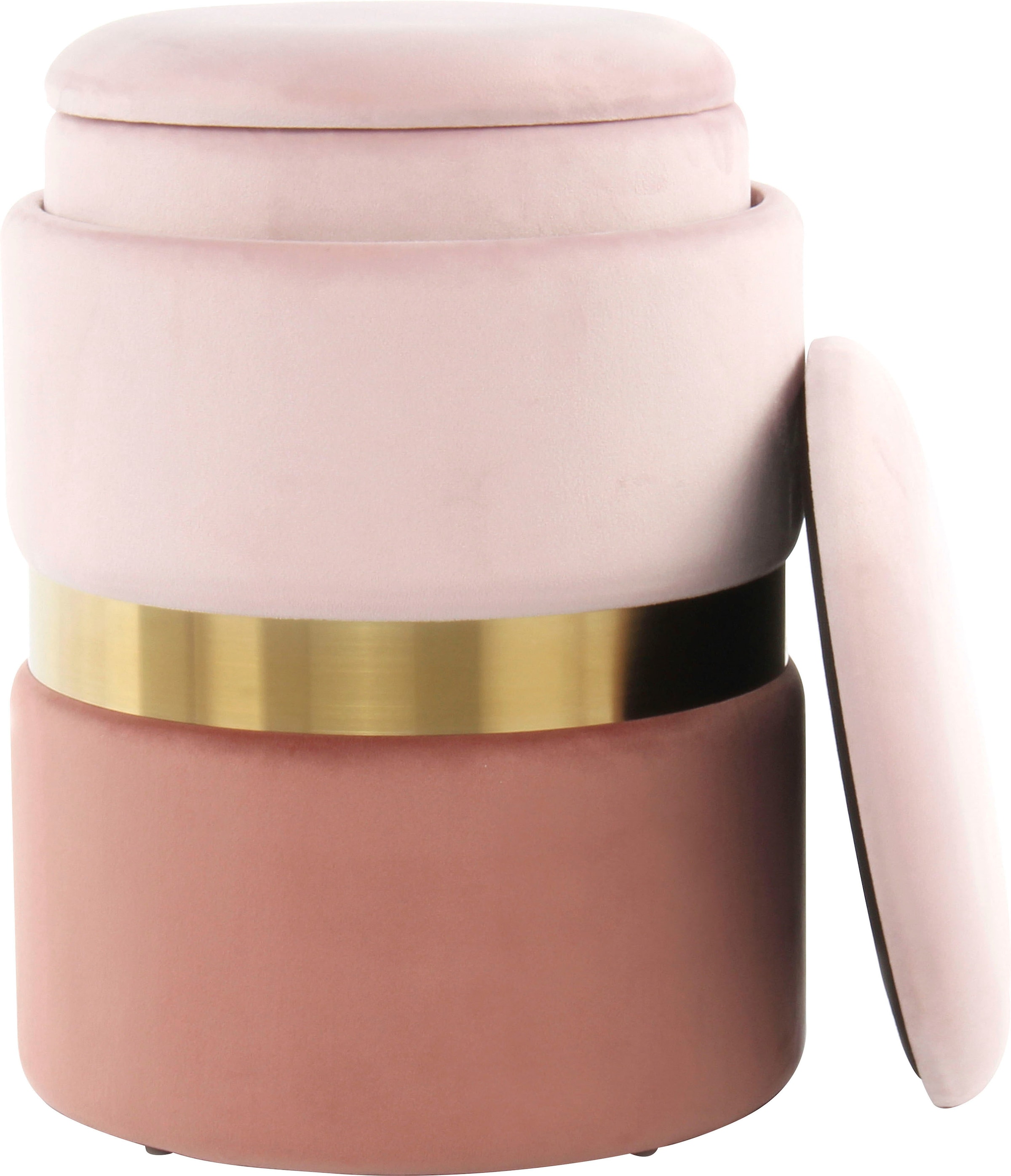 Kayoom Stauraumhocker »Hocker Zora 125 2er-Set, samtweicher Stoffbezug,runde elegante Form« Set, 2 Stk. tlg. edles Design mit Metallring, gepolstert, mit Stauraum