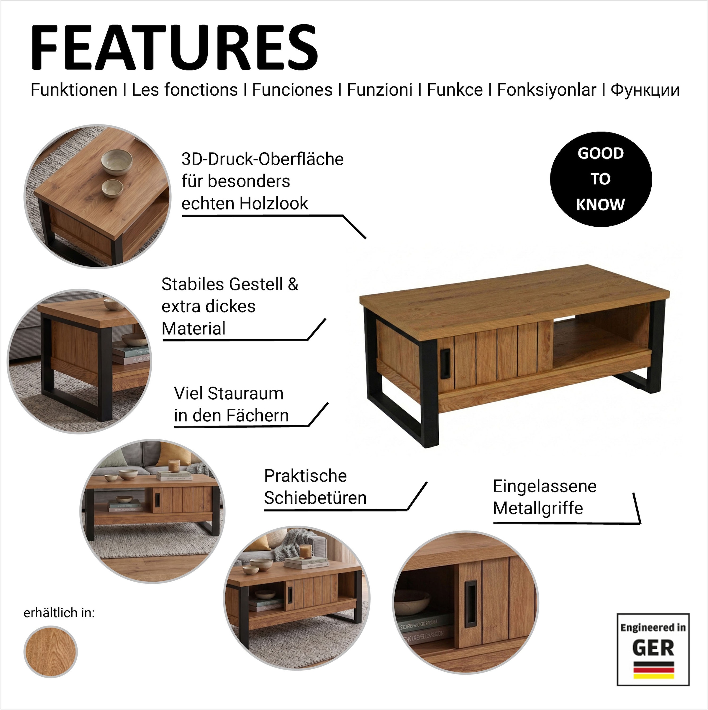 Jahnke Couchtisch »RIVA COFFEE« Couchtisch mit Stauraum & Schiebetüren, Eiche-Optik, Breite: 108,5 cm