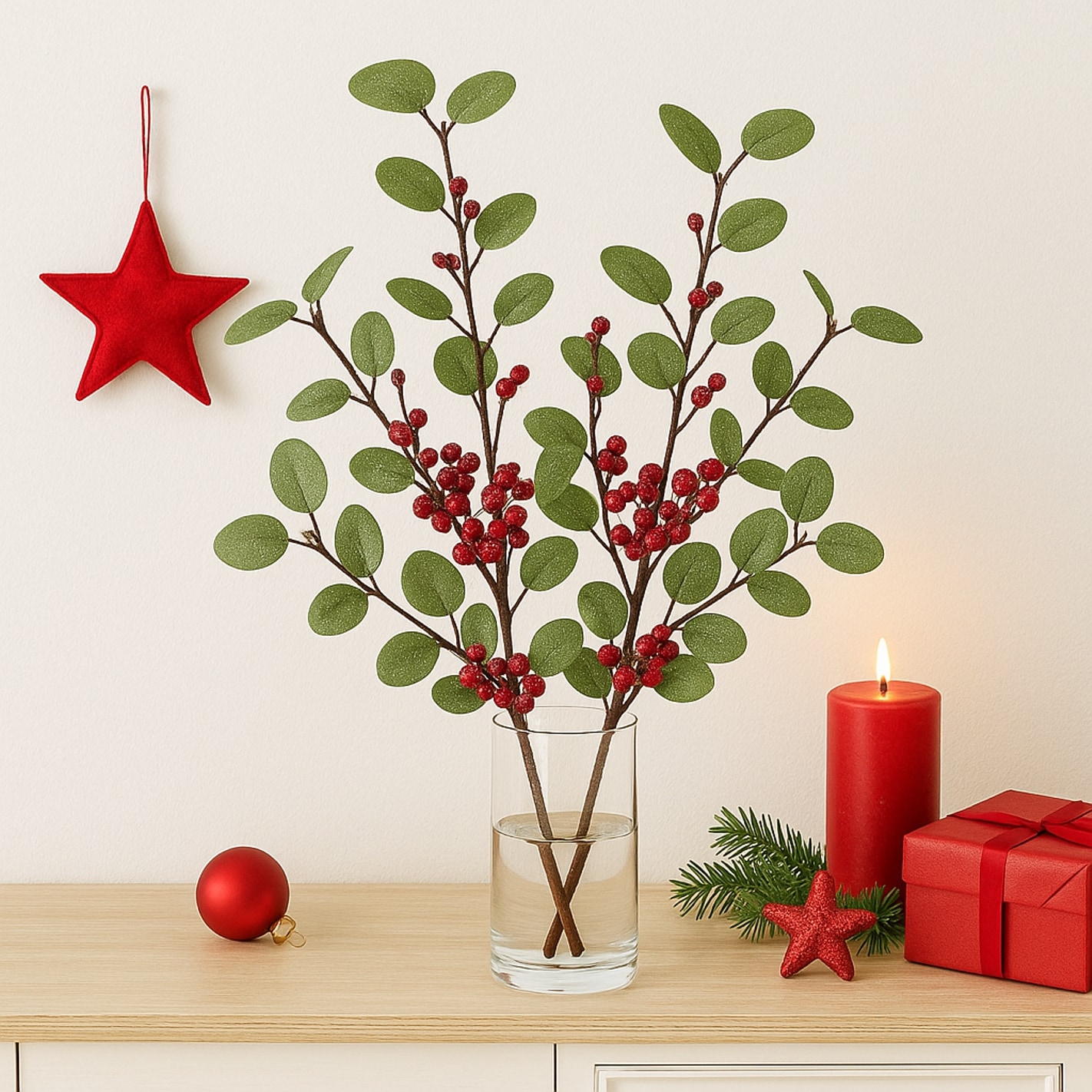 I.GE.A. Kunstzweig »Eukalyptuszweig« mit Beeren 2er Set Dekozweig Kunstblumen Weihnachtsdeko