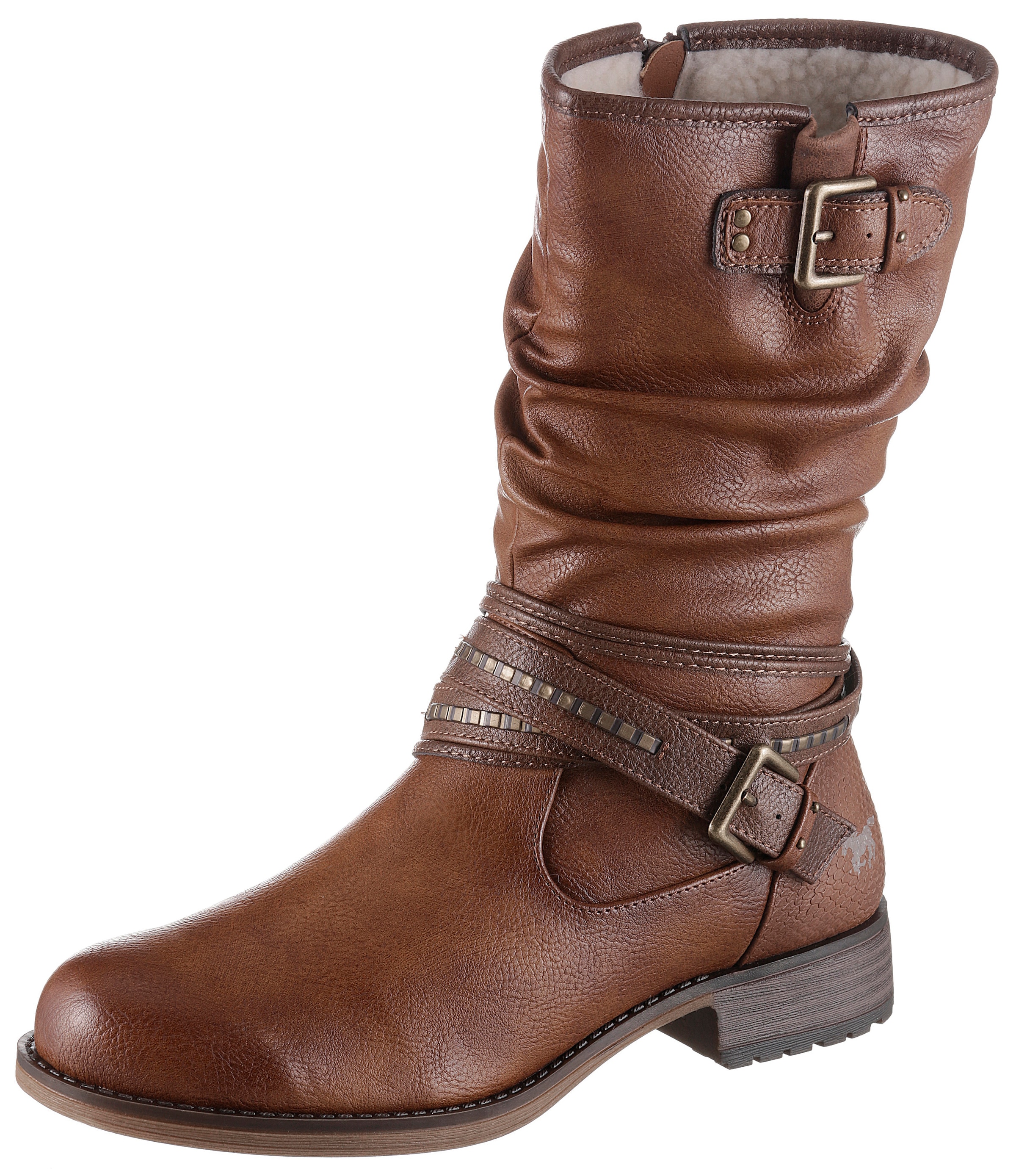 Winterstiefel, Stiefelette, Winterboots mit Zierschnallen am slouchy Schaft, Gr. 38, cognac-used