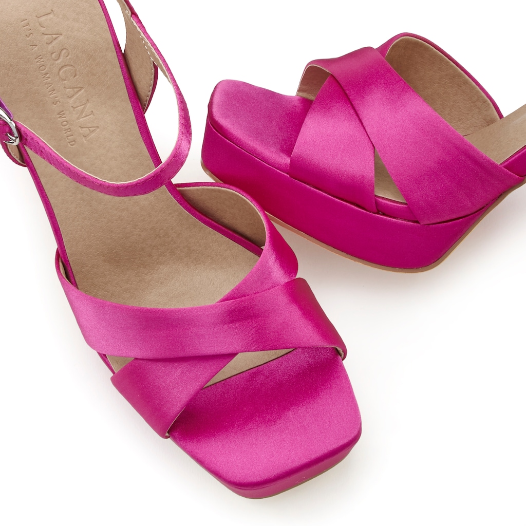 LASCANA Riemchensandalette, High Heel Sandale mit Plateau & Blockabsatz in Satin Optik VEGAN