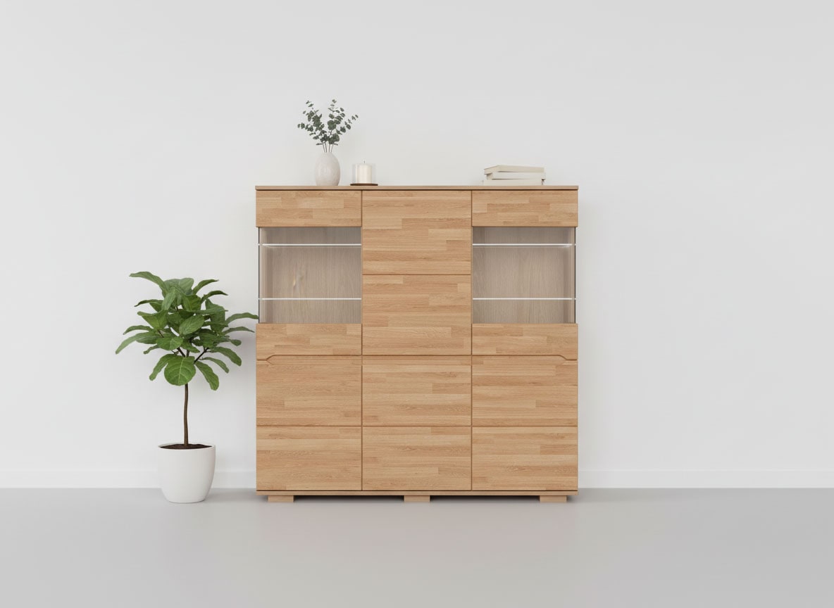 OTTO home Highboard »VETRO Teilmassiv, Fronten Massivholz, Wohnzimmer, Stauraum,Griffmulde« B/T/H:150/40/1445,5cm, 15geschlossene Fächer,verstellbare Einlegeboden