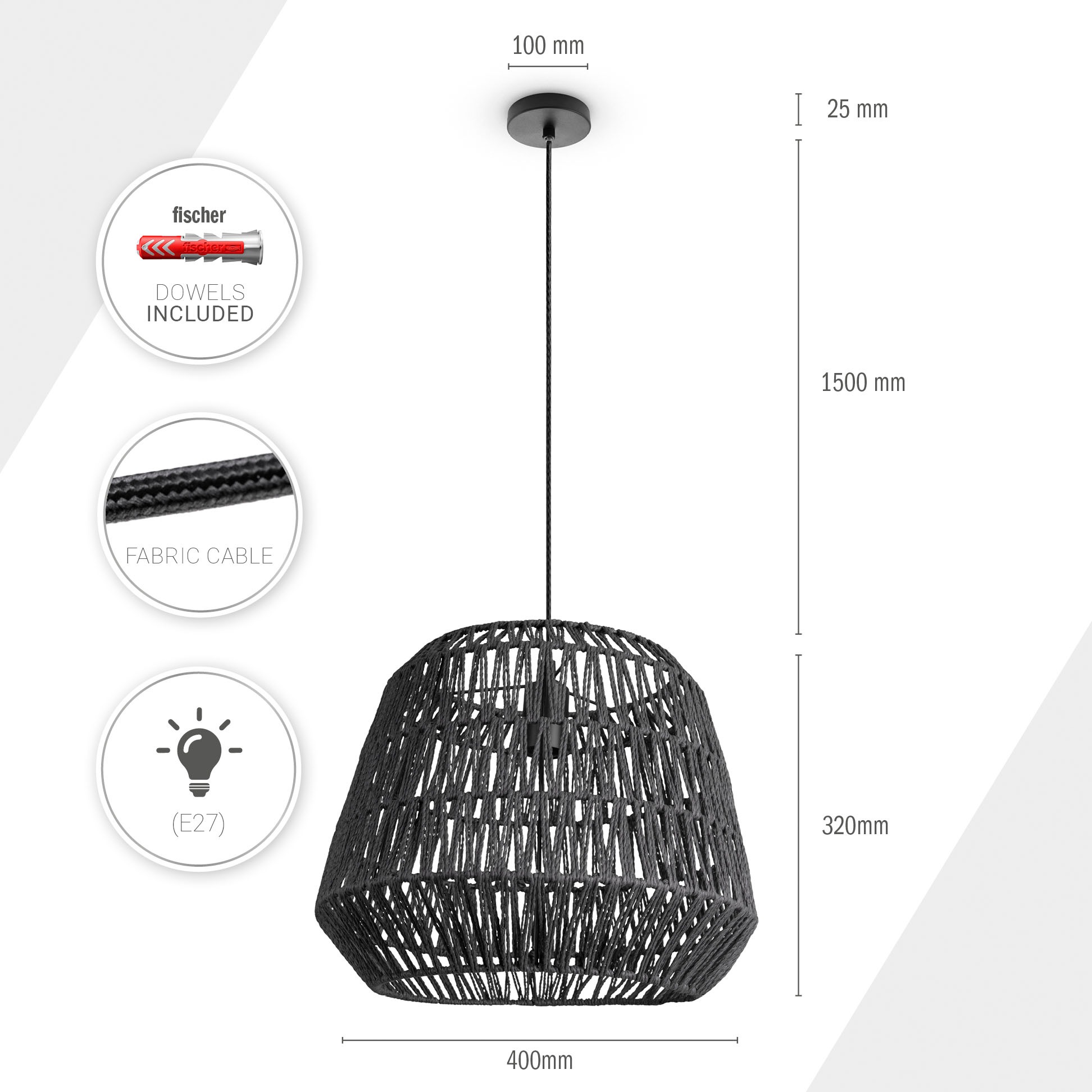 Paco Home Pendelleuchte »POMI«, Leuchtmittel E27 | ohne Leuchtmittel, Pendelleuchte Korb Lampe Esszimmerlampe Rattan Papier Boho E27