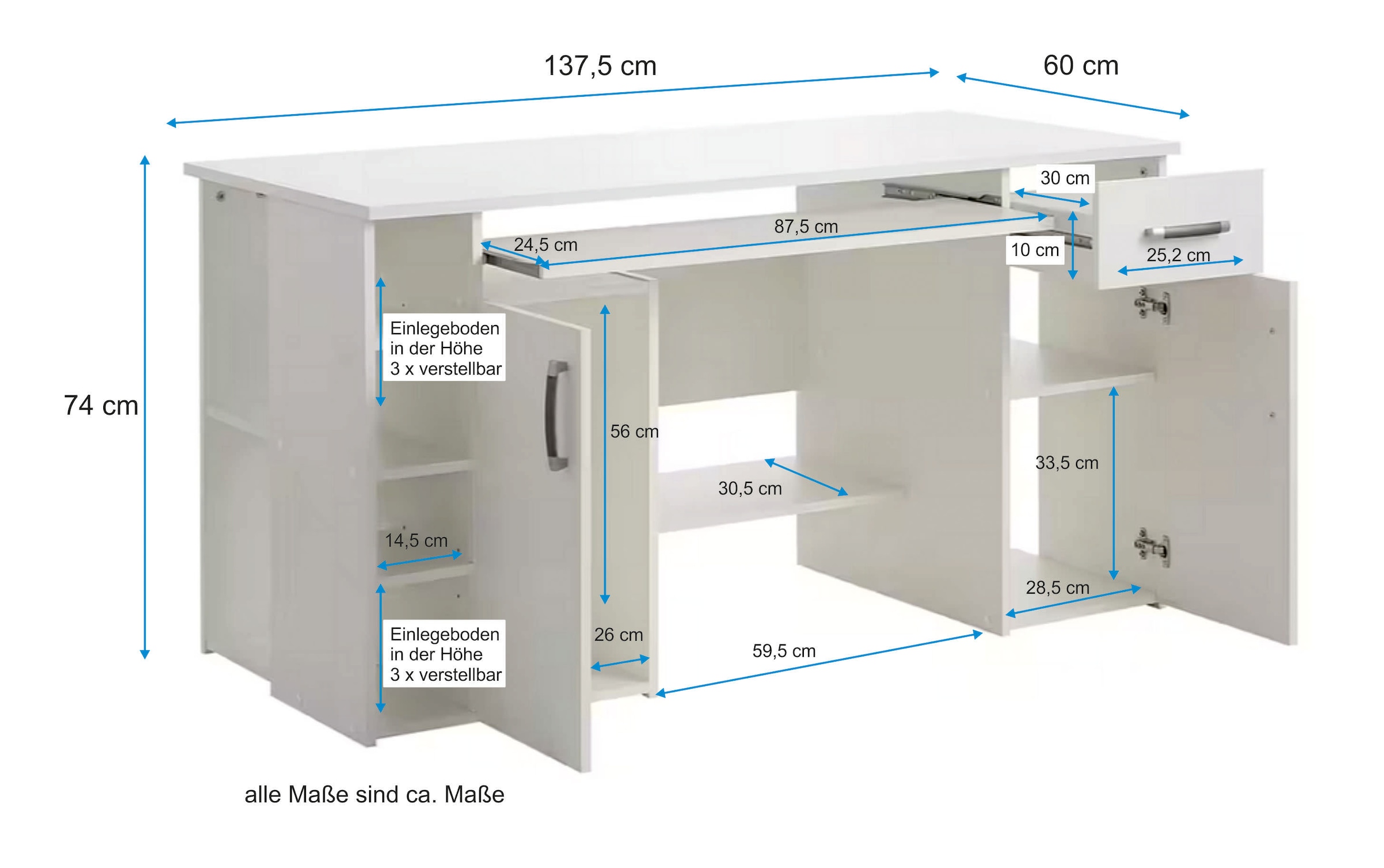 VOGL Möbelfabrik Schreibtisch »Tim mit seitlich offenen Fächern & Tastaturauszug,«, Druckerablage, 1 Schublade, Breite 138 cm, Made in Germany
