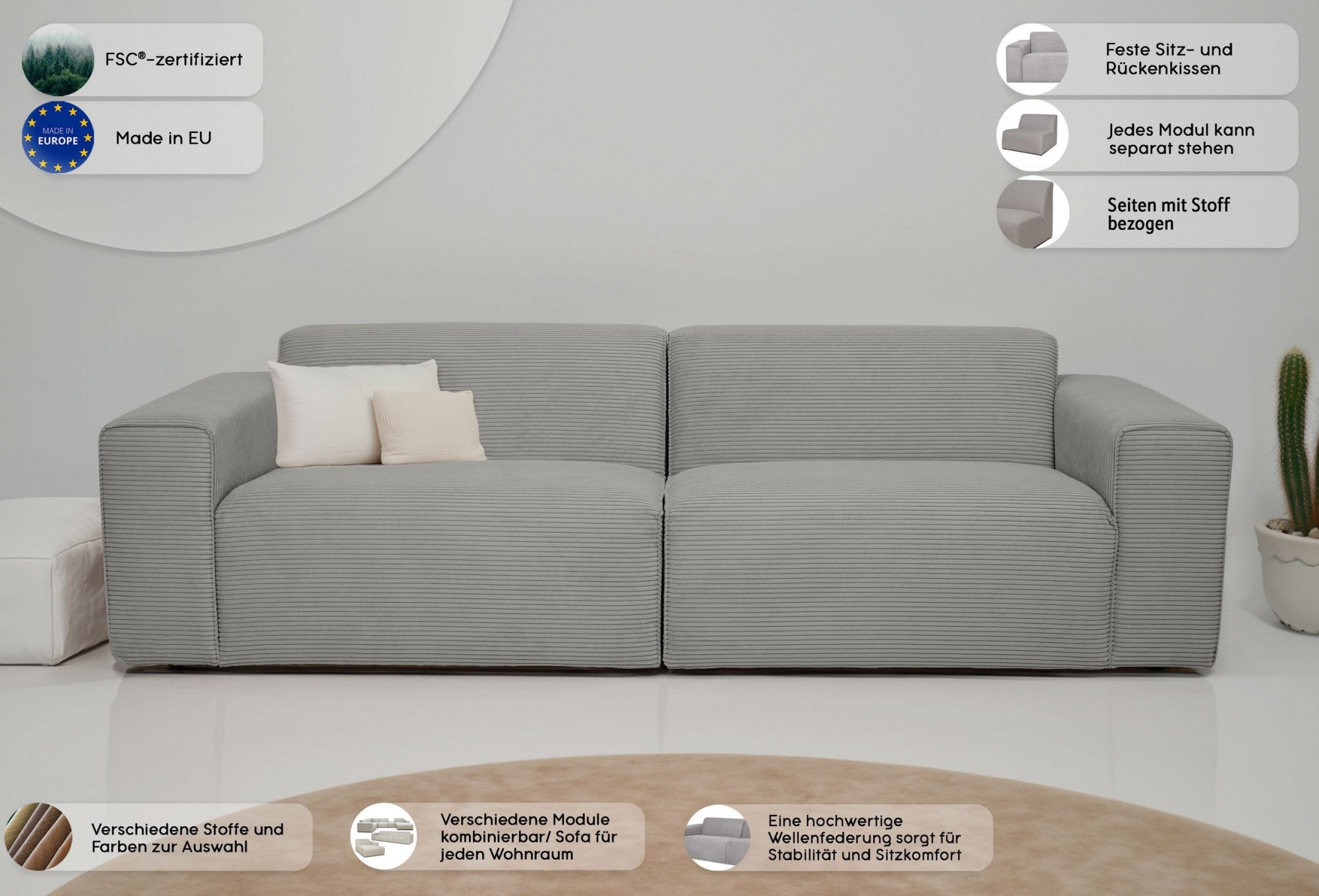 INOSIGN 3-Sitzer »Koa, 228 cm, Modulsofa in Webstoff, Cord«, Designsofa, weicher Lounge-Sitzkomfort, Welleunterfederung, bodentief