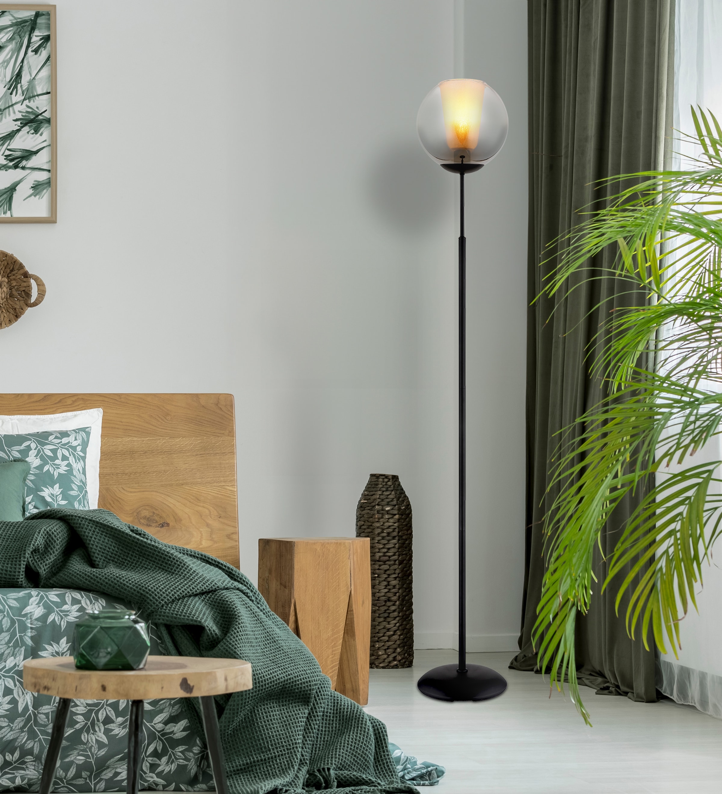 GLOBO LIGHTING Stehlampe »BARRY«, Leuchtmittel E27 | ohne Leuchtmittel, Stehlampe/Metall/Glaskugel rauchfarben/Glaskristalle klar