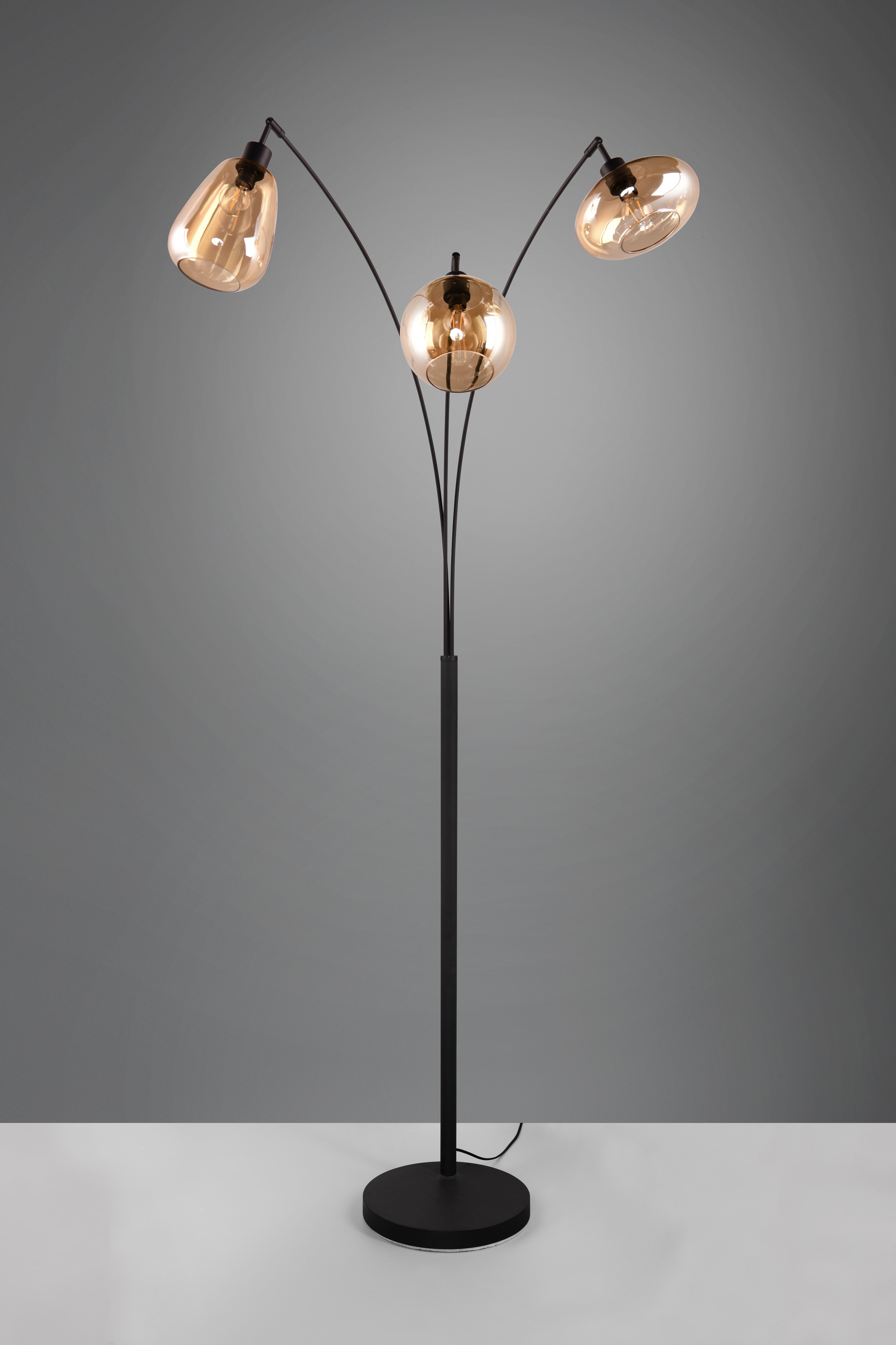TRIO Leuchten Stehlampe »LUMINA, gebogene Stehleuchte mit Glasschirmen exkl 3xE14 max 10W«, 3 flammig, Leuchtmittel E14 | Leuchtmittel wechselbar, amberfarbige Gläser in 3 Formen, Fußschalter, Bogenleuchte Höhe 200 cm