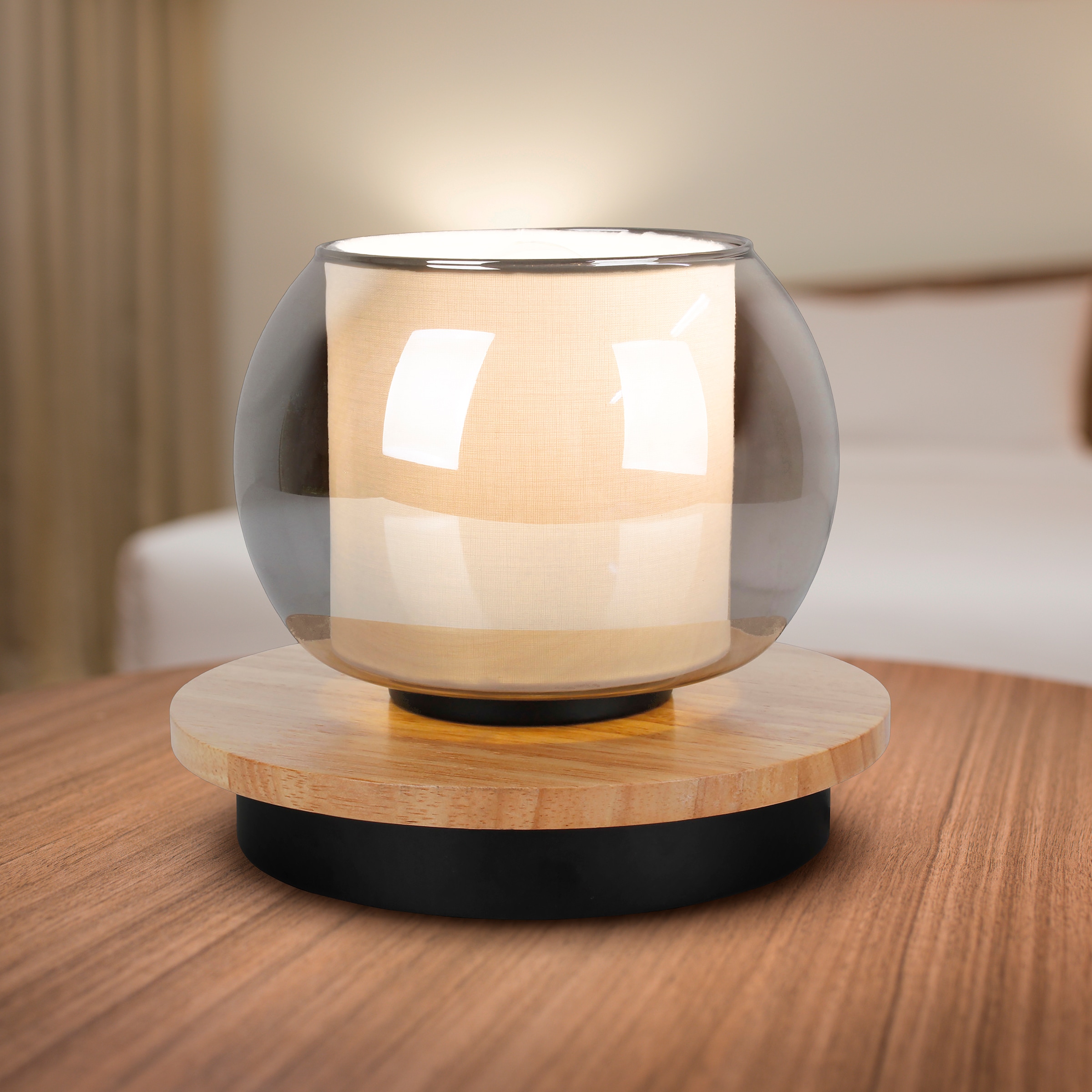 näve Tischleuchte »Texas« E27 1 Stk. Glasschirm smokey, naturfarbenes Holzdetail, 1x E27 exkl., D: 18cm