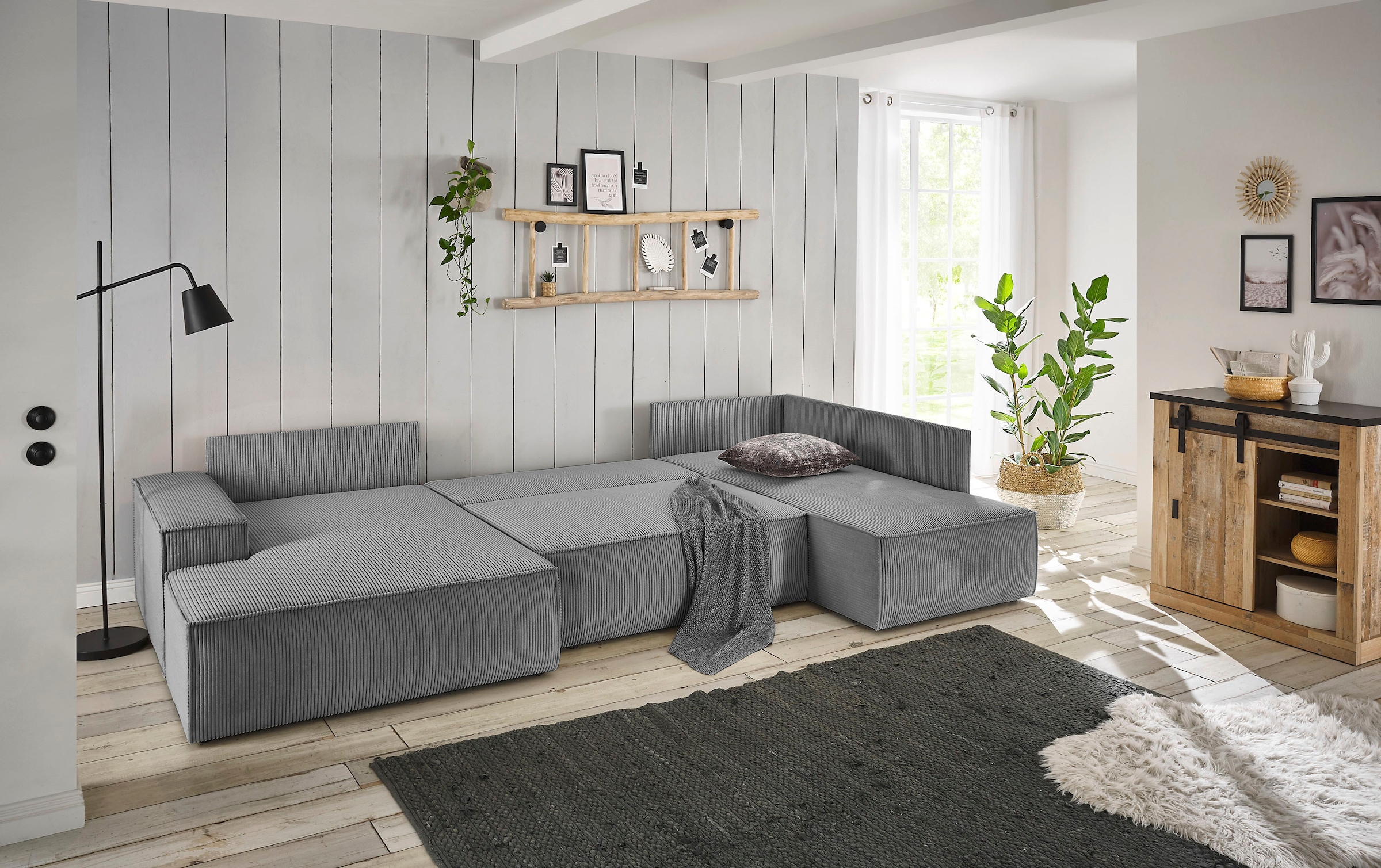 Home affaire Wohnlandschaft »SHERWOOD 329 cm, U-Form, Schlafsofa,«, Schlaffunktion m. Bettkasten (194x139 cm), Cord, Vintage, Samtvelours
