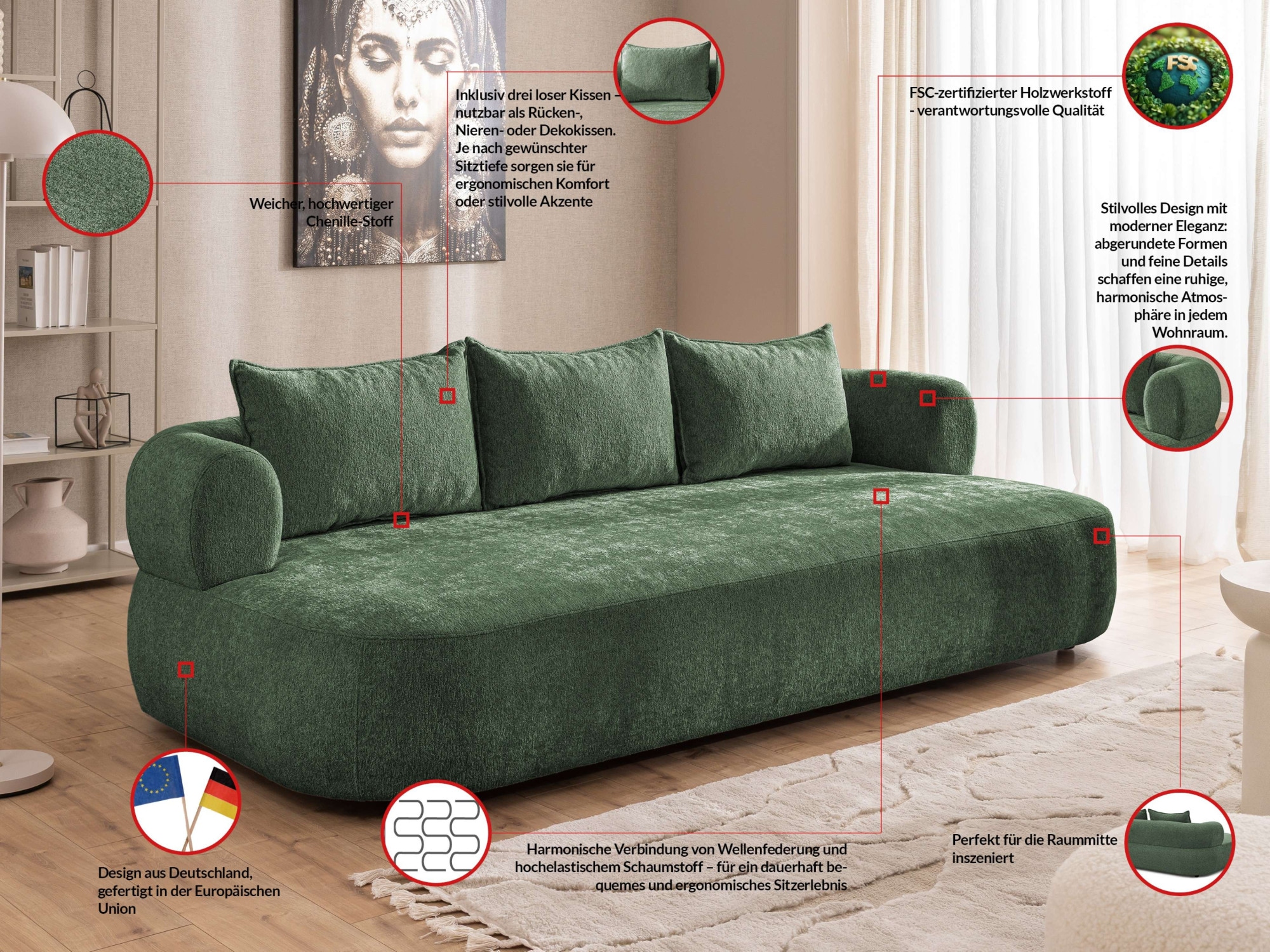 Home affaire Big-Sofa »LUSSAC 4-Sitzer Design-Sofa mit Zierkissen, Maße B/T/H: 242/123/78 cm«, hoher Sitzkomfort und modernes Design, Sofa ohne Bettfunktion