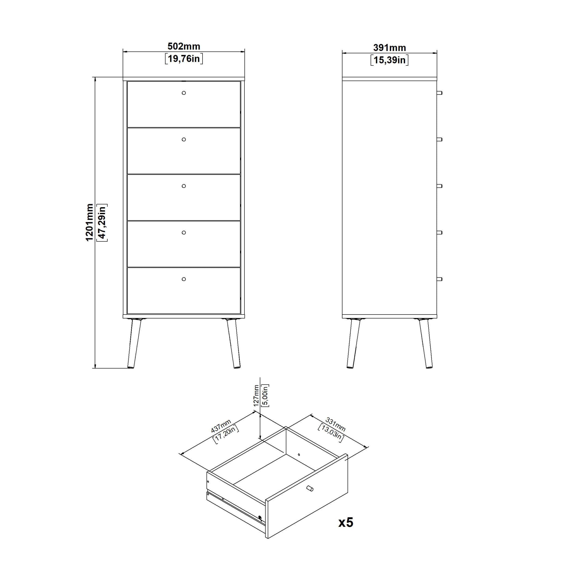 andas Highboard »Bodo, Hochkommode, Aufbewahrung, Stauraum«, mit 5 Schubladen, Beine und Griffe aus Echtholz, Breite 50 cm