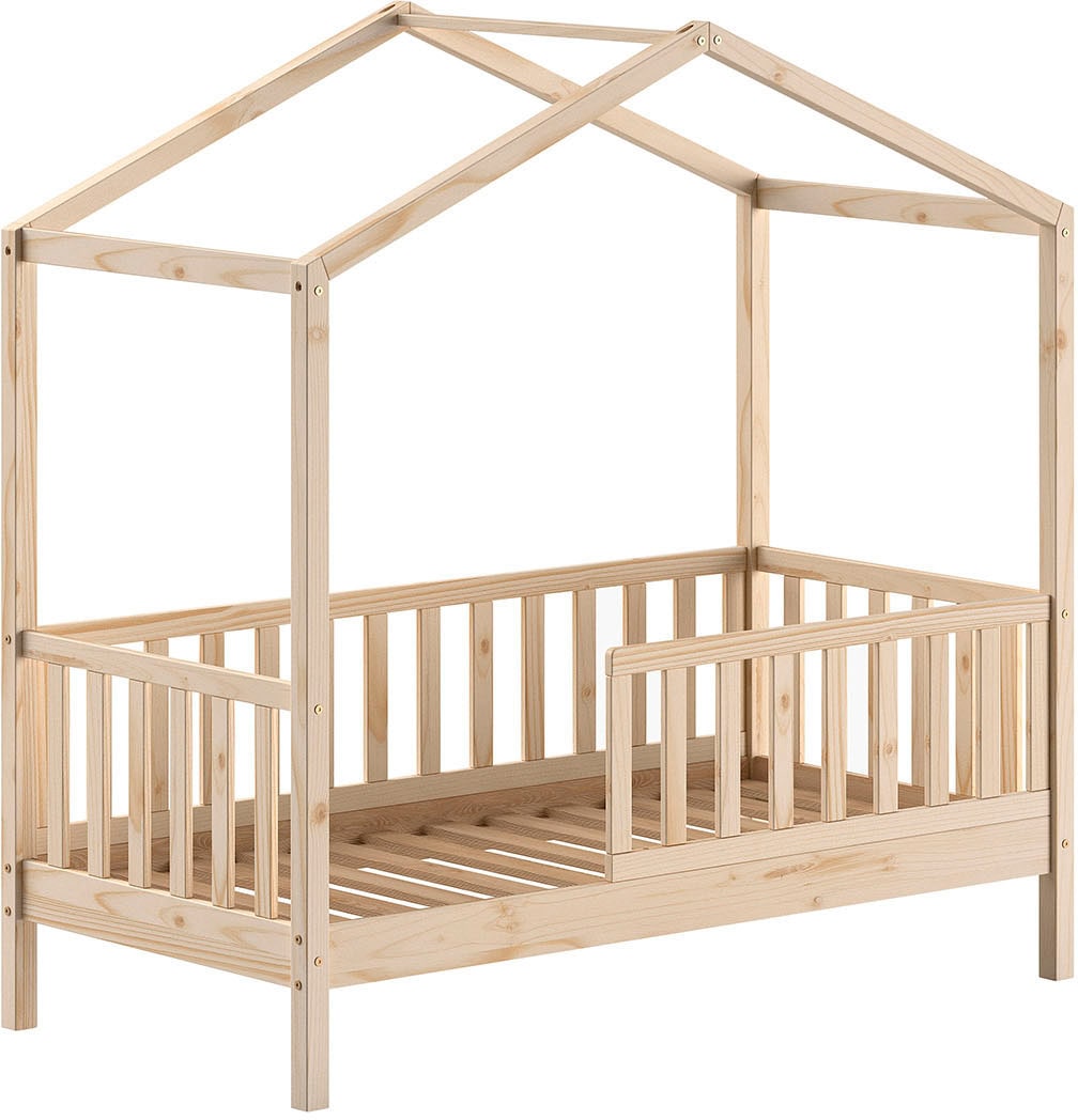 Home affaire Hausbett »Junior Hausbett 70/140, umlaufender Rausfallschutz, stabil gebaut«, (B/H/T ca. 148x150,6x75,8cm, in verschiedenen Farben erhältlich), inkl. Rolllattenrost und Dachaufbau