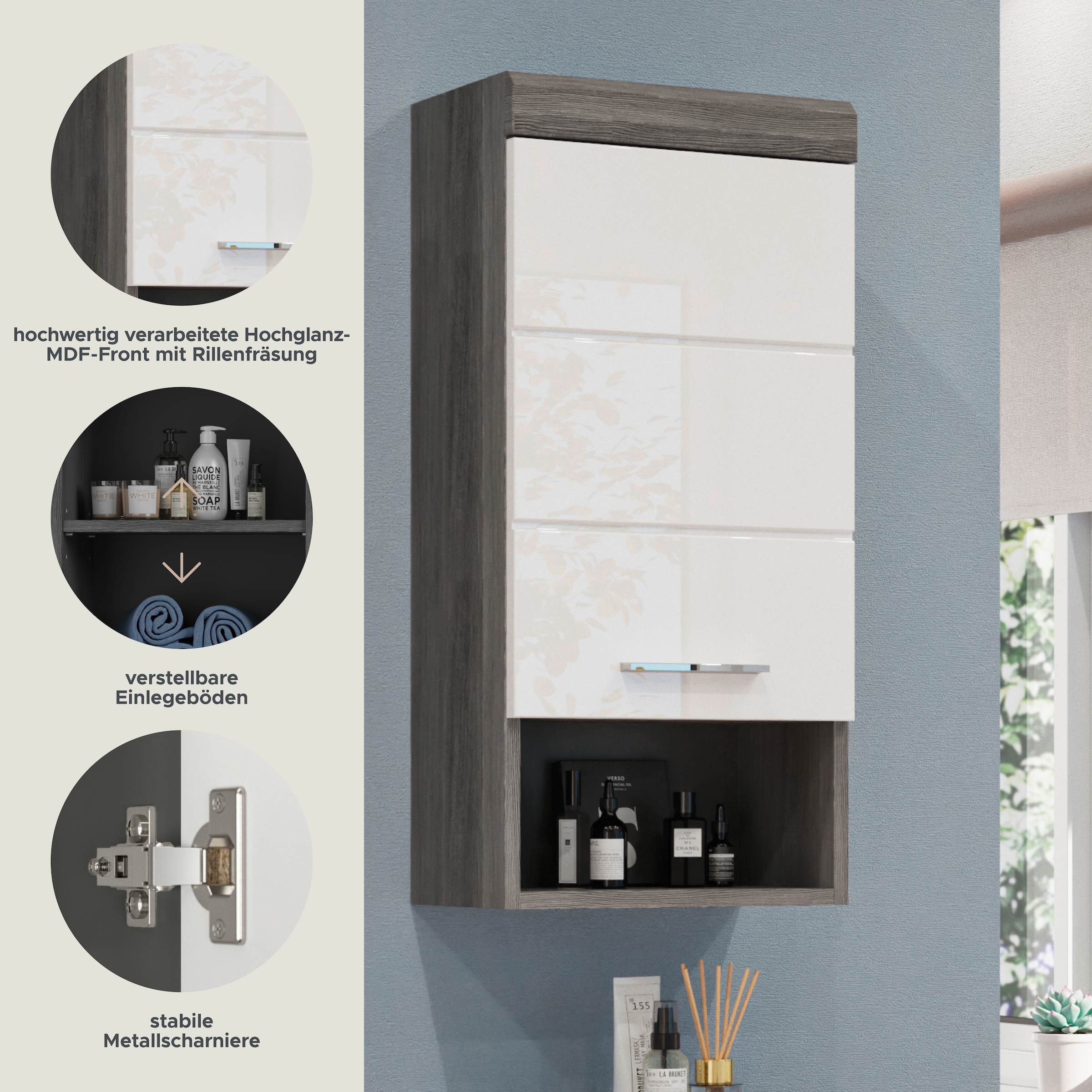 INOSIGN Hängeschrank »Siena, Breite 37cm, 1 Tür, 1 offenes Fächer, 1 Einlegeboden, MDF-Front«, (1 St.), in verschiedenen Farben erhältlich, Badmöbel, Badschrank, Schrank, Bad